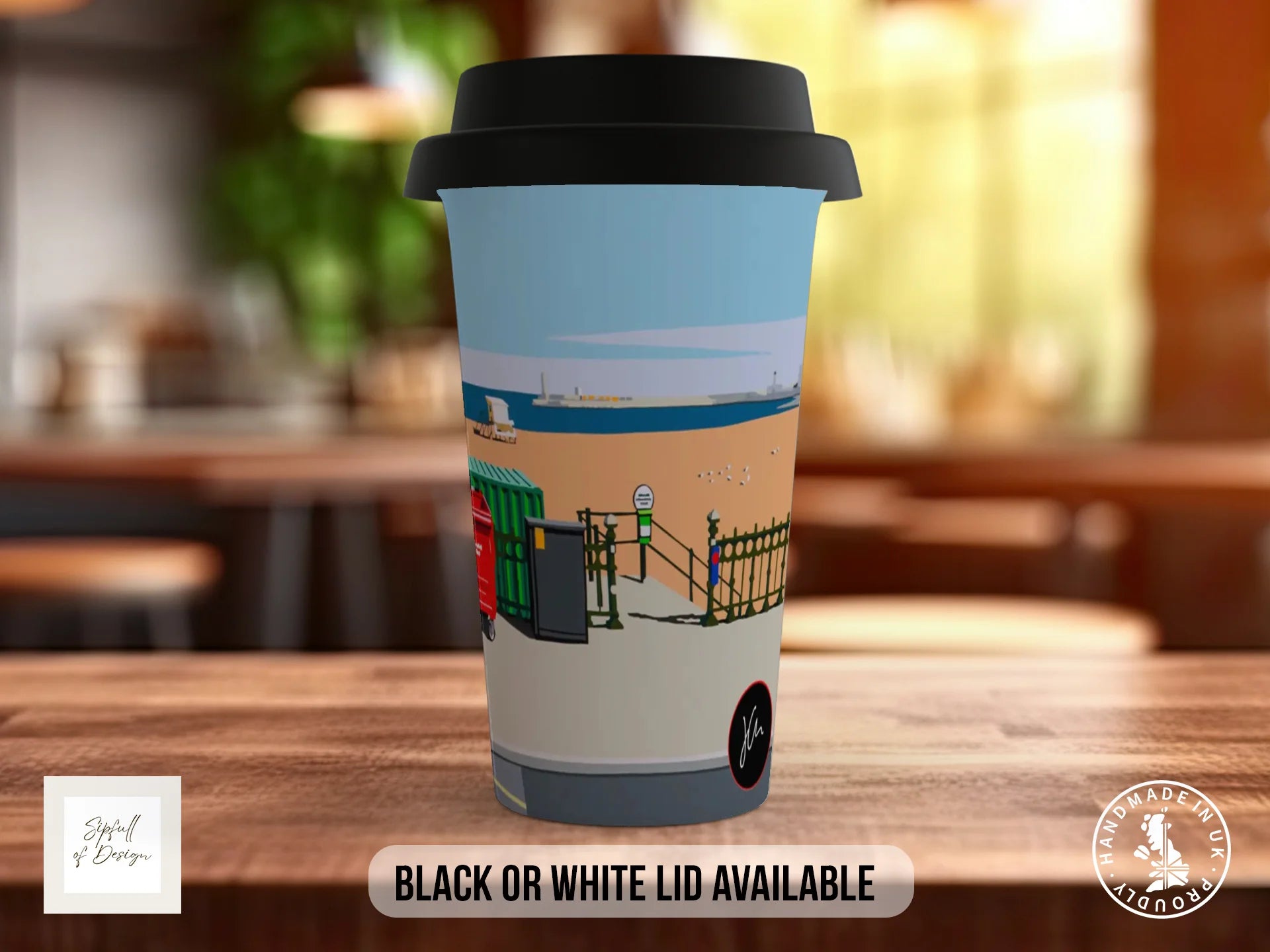Beach Bins Mug | Joel Clark Signature Art | British Seaside Series Travel Mug