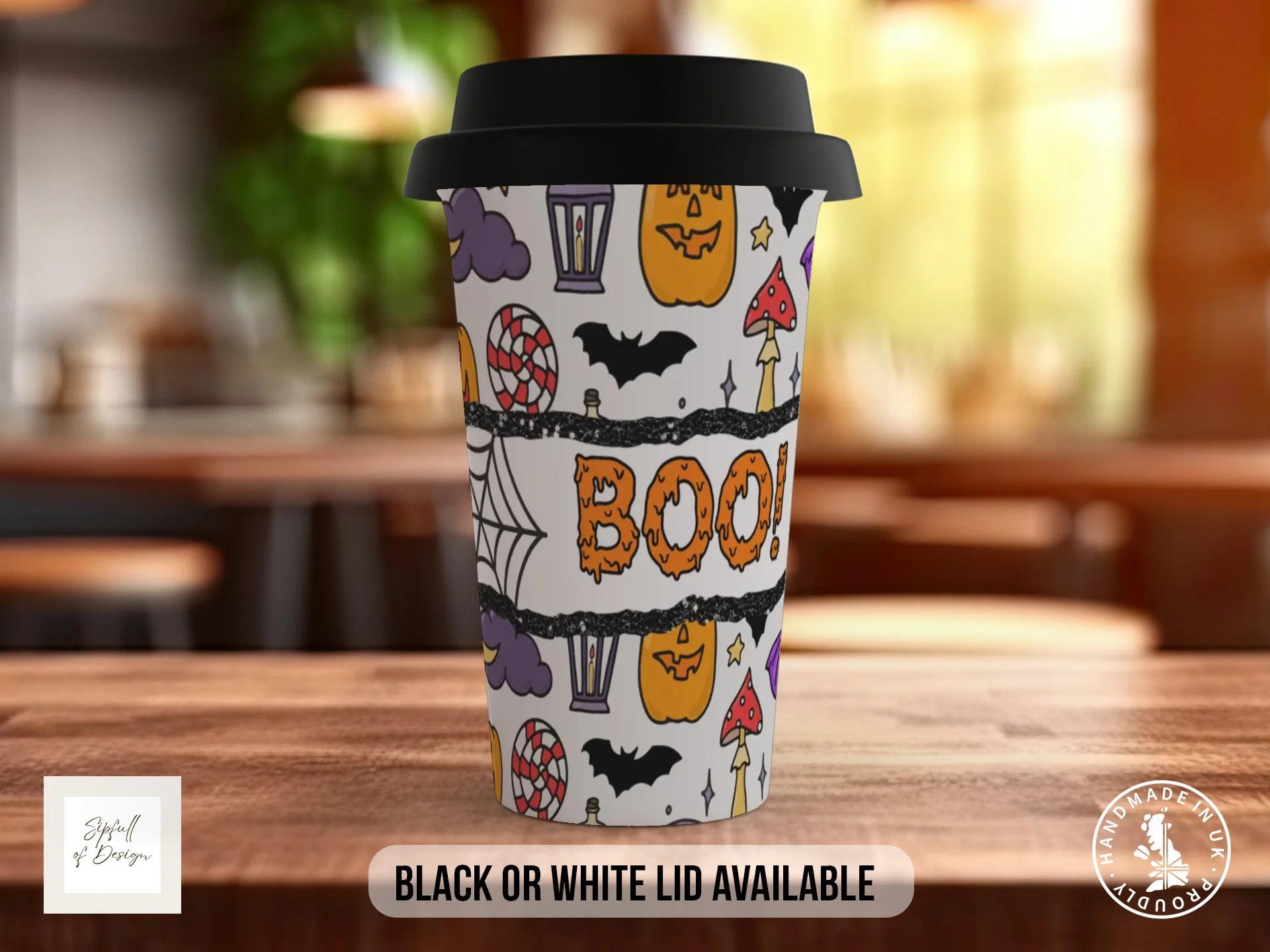 BOO! Halloween Mug | Pumpkin, Bats & Spooky Doodle Gift Travel Mug