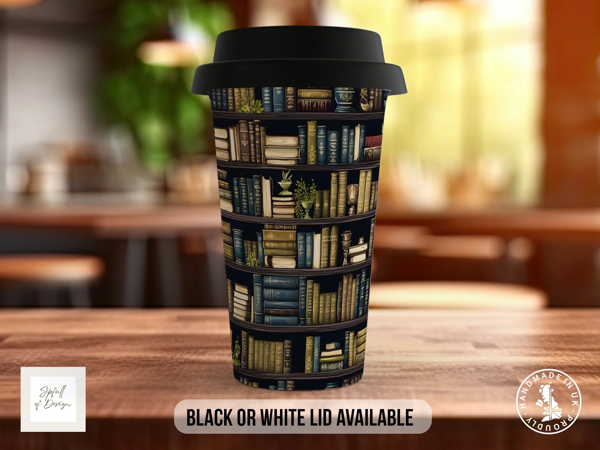Bookshelf Full Wrap Mug – Design 3 | Grand Country House Library | Gift for Book Lovers Travel Mug