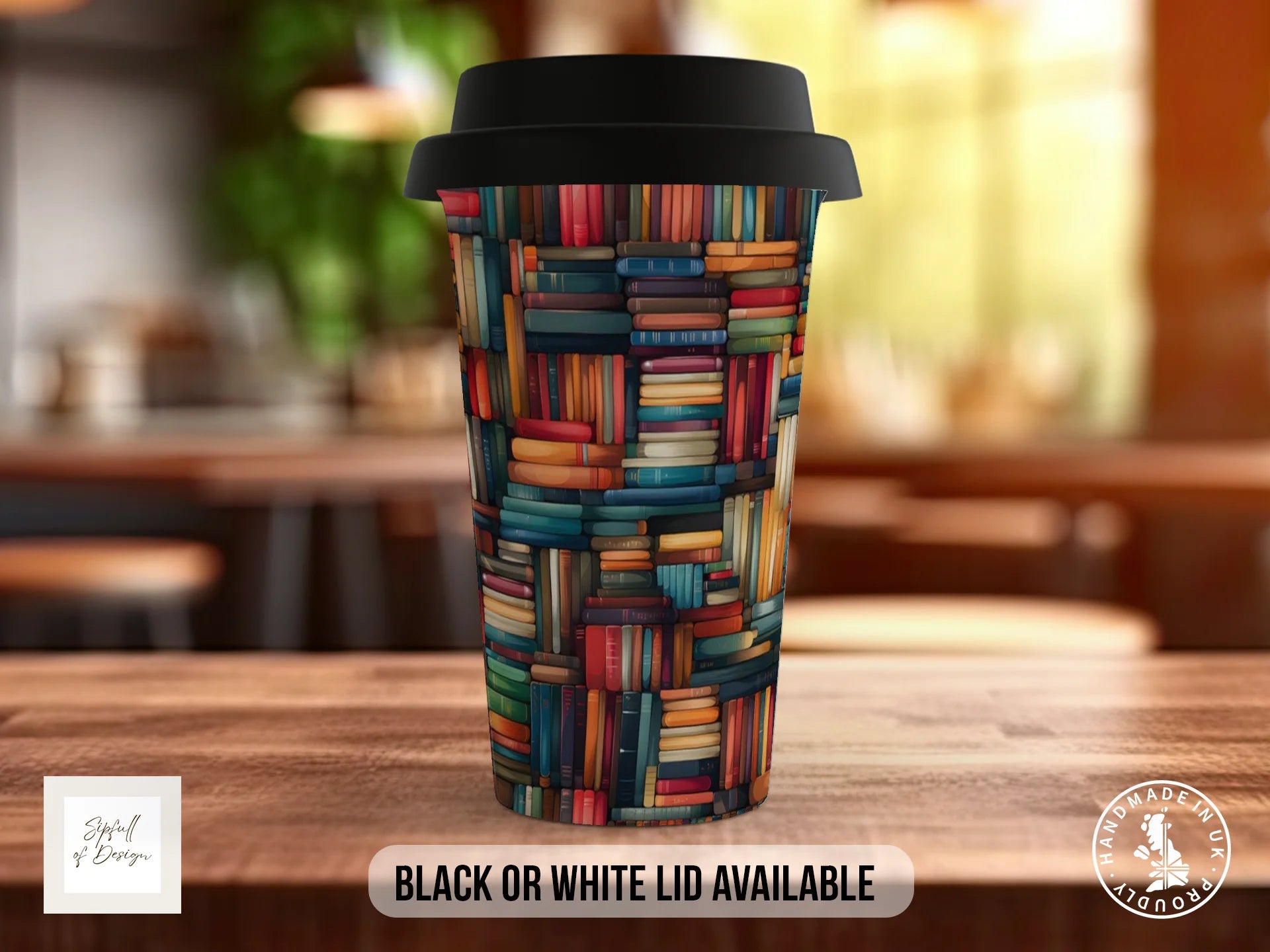 Bookshelf Full Wrap Mug – Design 7 | Geometric Parquet Books | Gift for Book Lovers Travel Mug