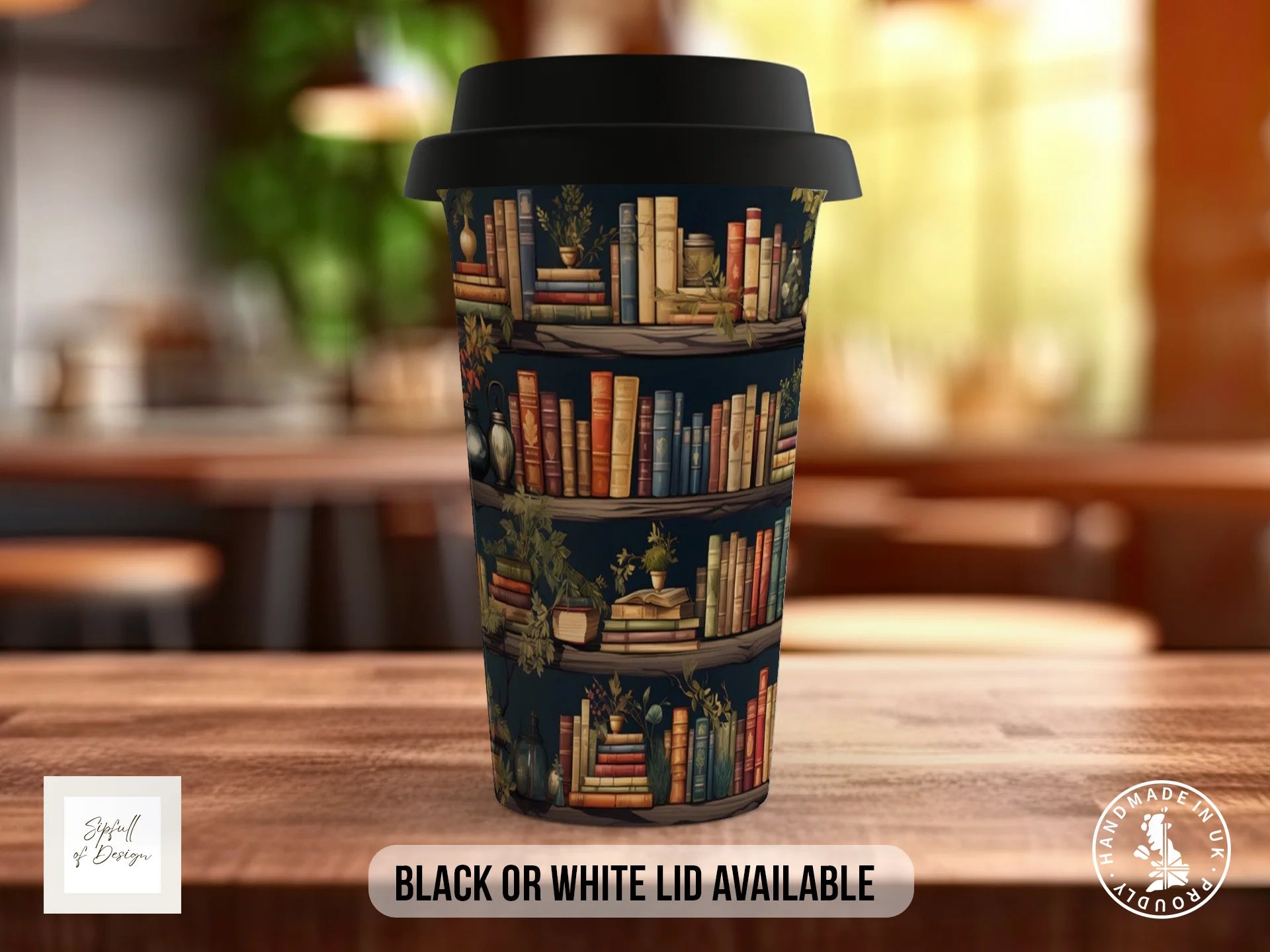 Bookshelf Full Wrap Mug – Design 8 | Botanical Library | Gift for Book Lovers Travel Mug