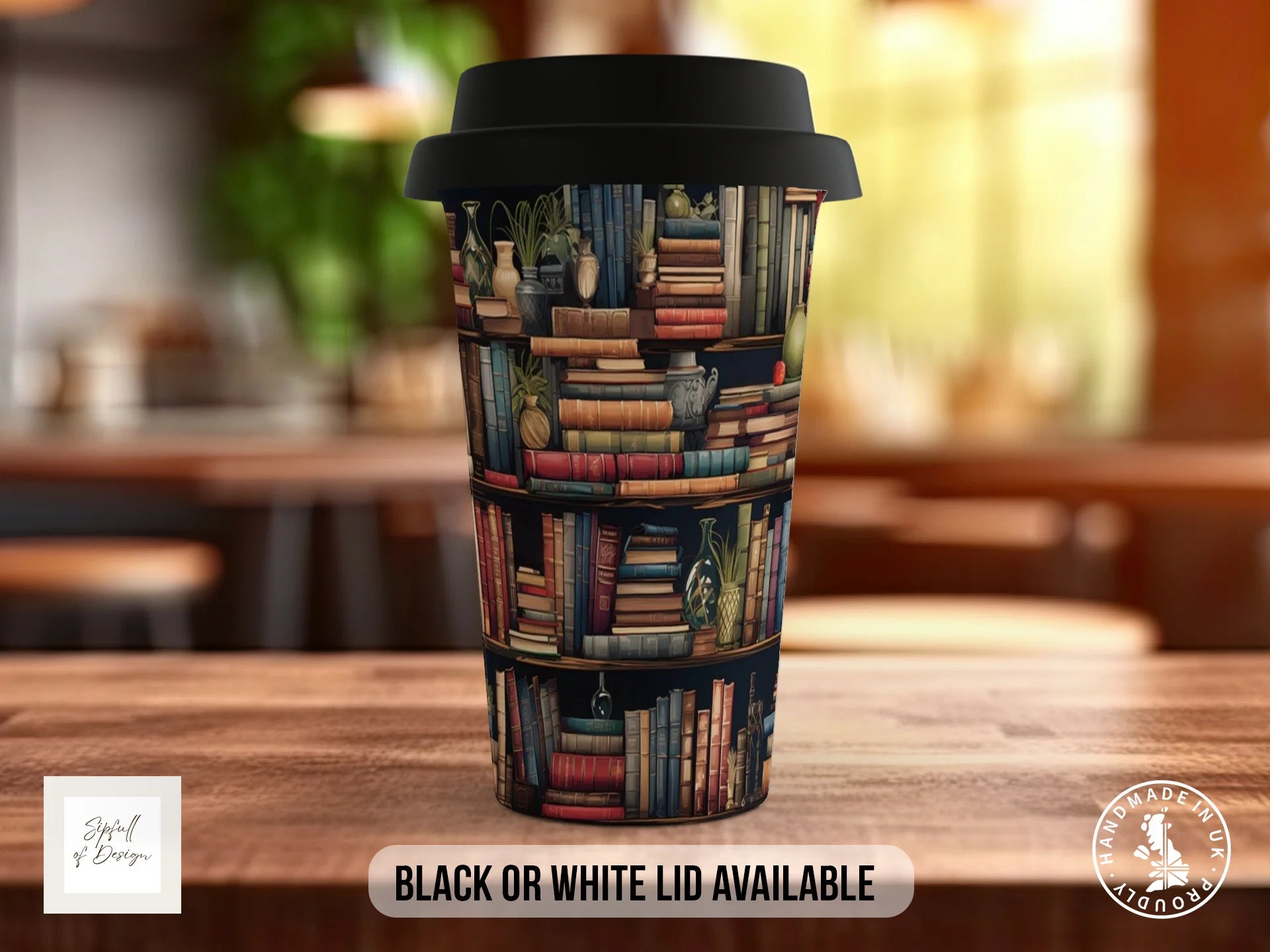 Bookshelf Full Wrap Mug – Design 4 | Curated Antique Study | Gift for Book Lovers Travel Mug