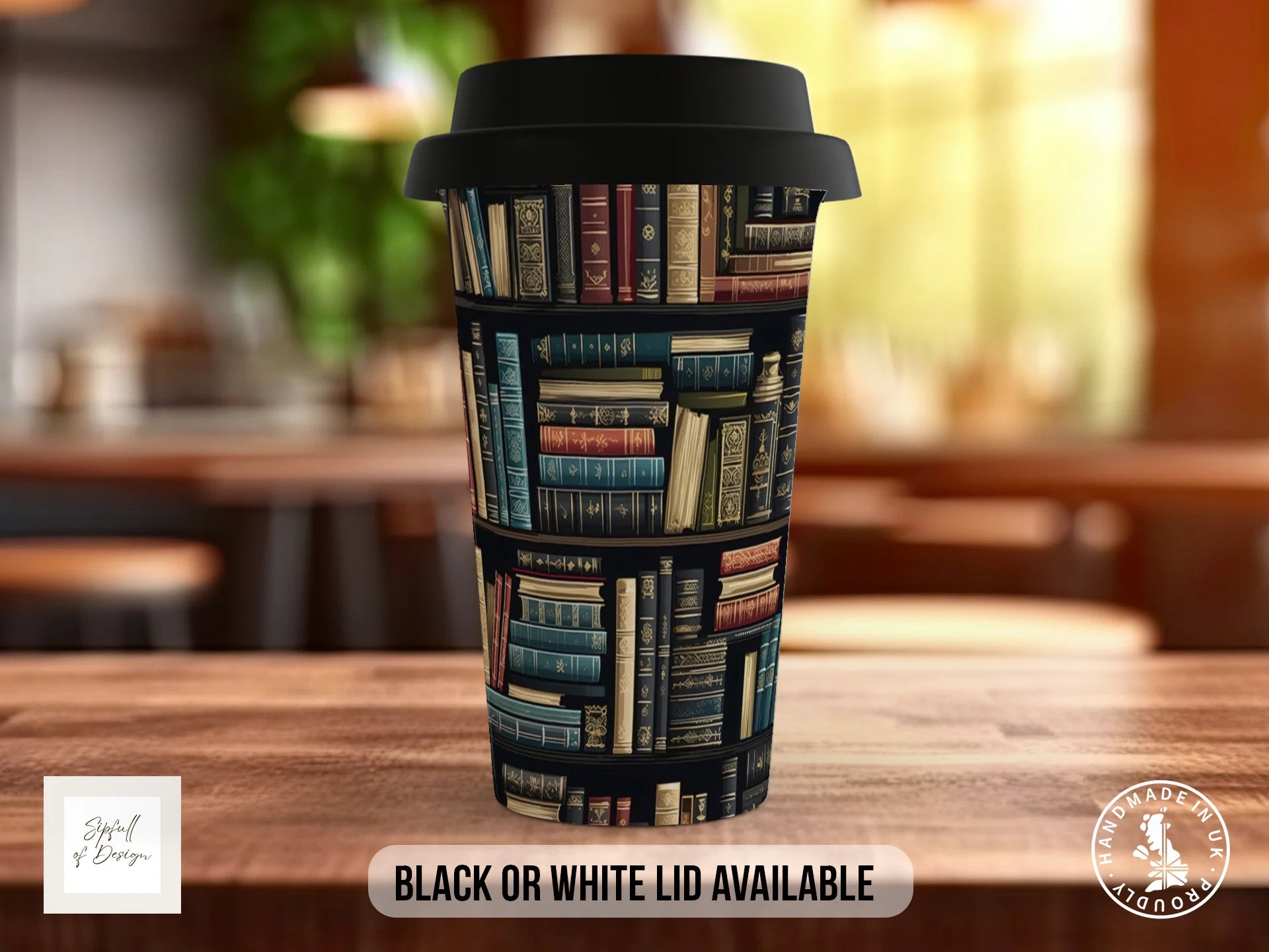 Bookshelf Full Wrap Mug – Design 1 | Dark Library | Gift for Book Lovers Travel Mug