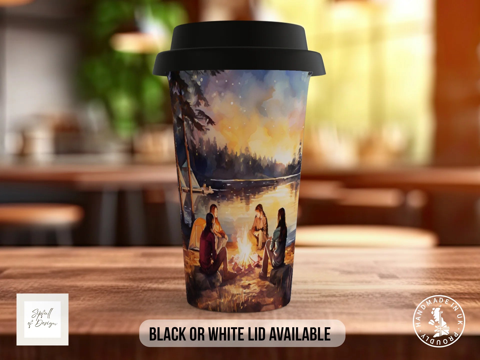 Camping Campfire Mug – Ceramic Coffee Mug with Watercolor Friends Design Travel Mug