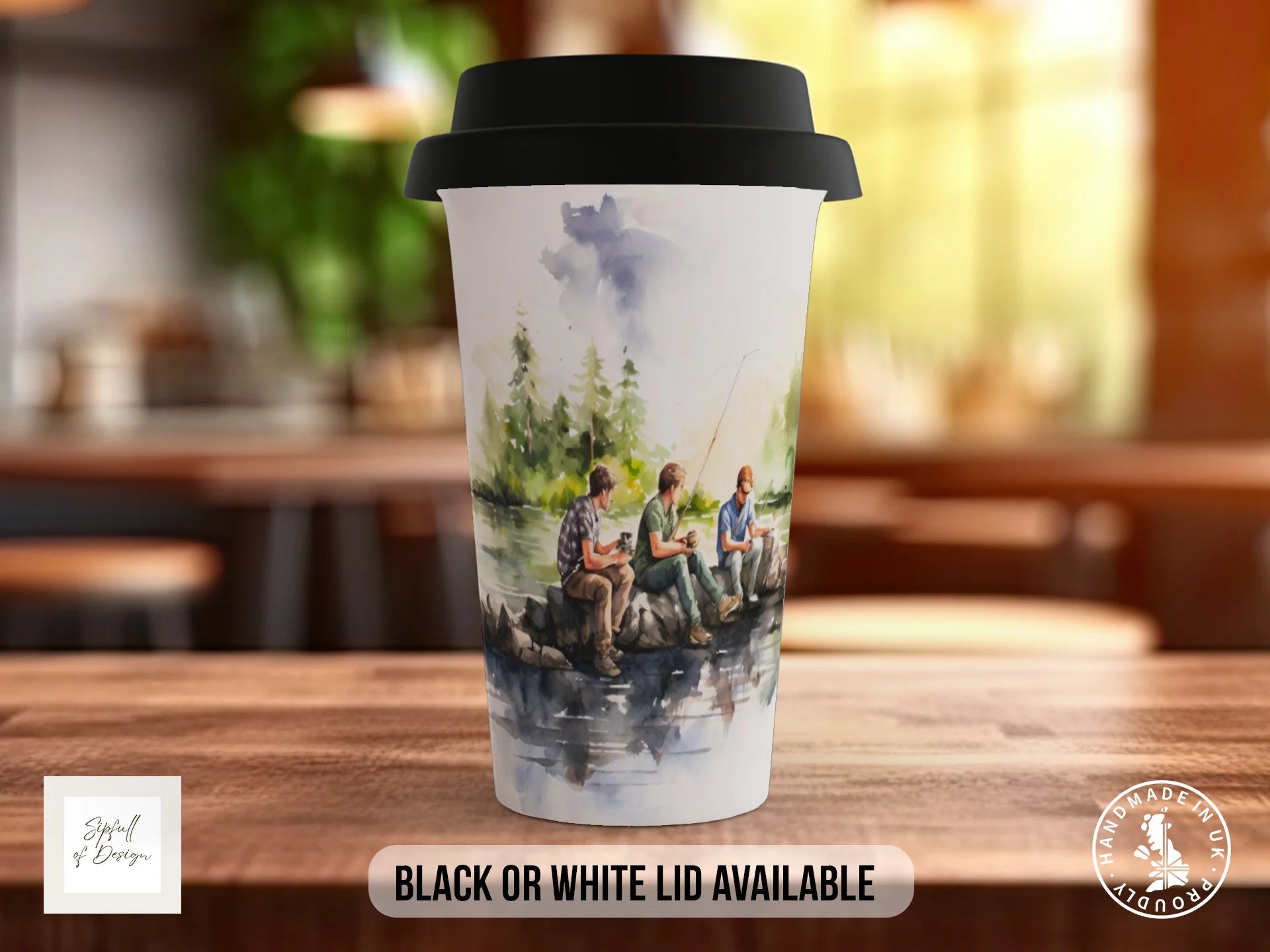 Camping Friends Fishing - Coloured 11oz, Bone China 10oz and 15oz and Latte 12oz options. Travel Mug