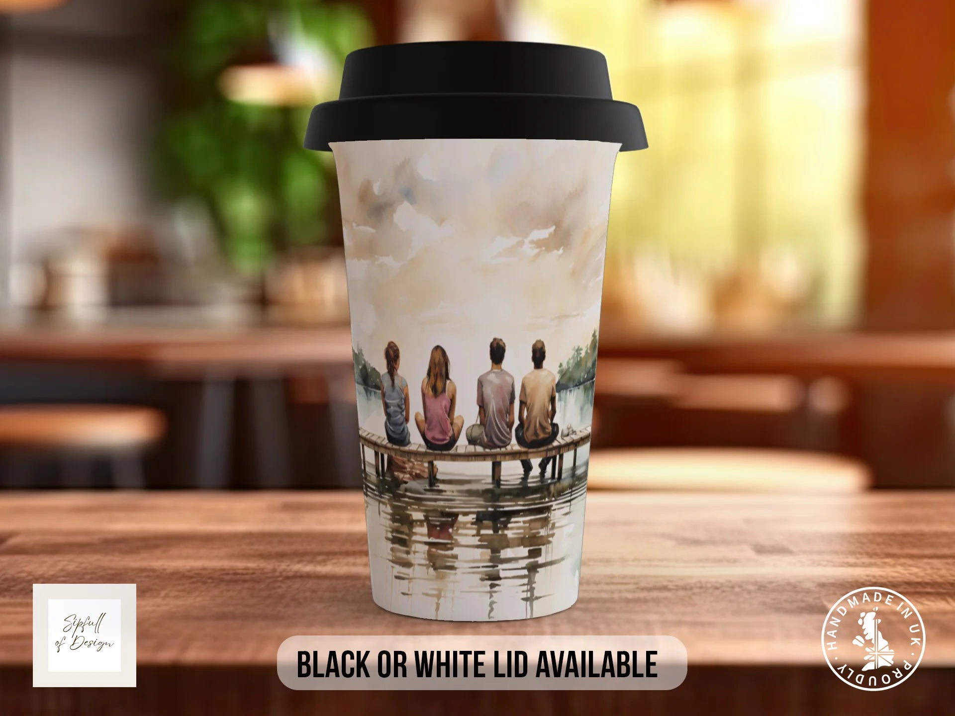 Camping Friends Mug – Colourful Ceramic Coffee Mug with Lake View and Rustic Style Travel Mug