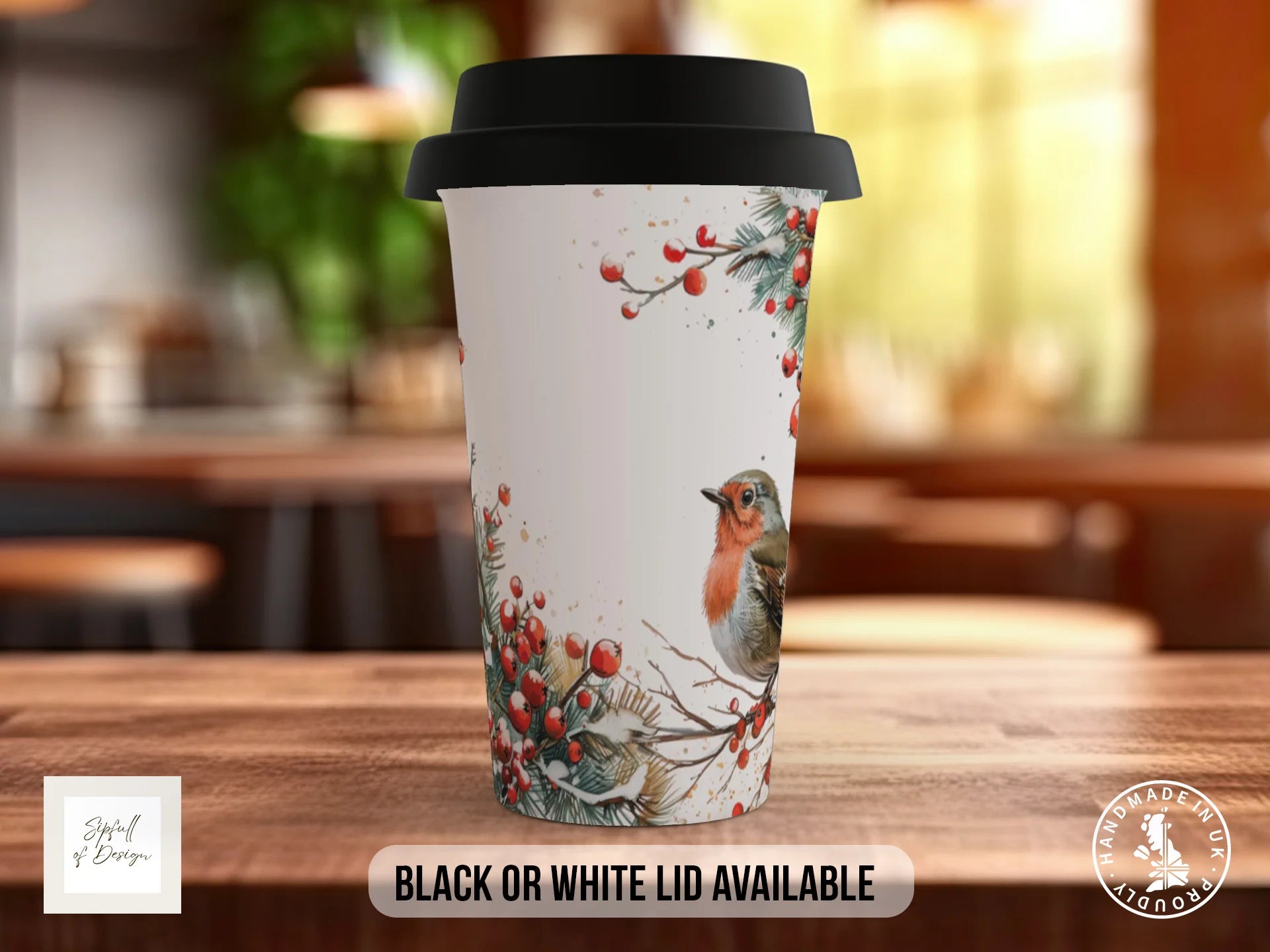 Christmas Robin Mug | Watercolour Berry & Pine Garland Design Travel Mug