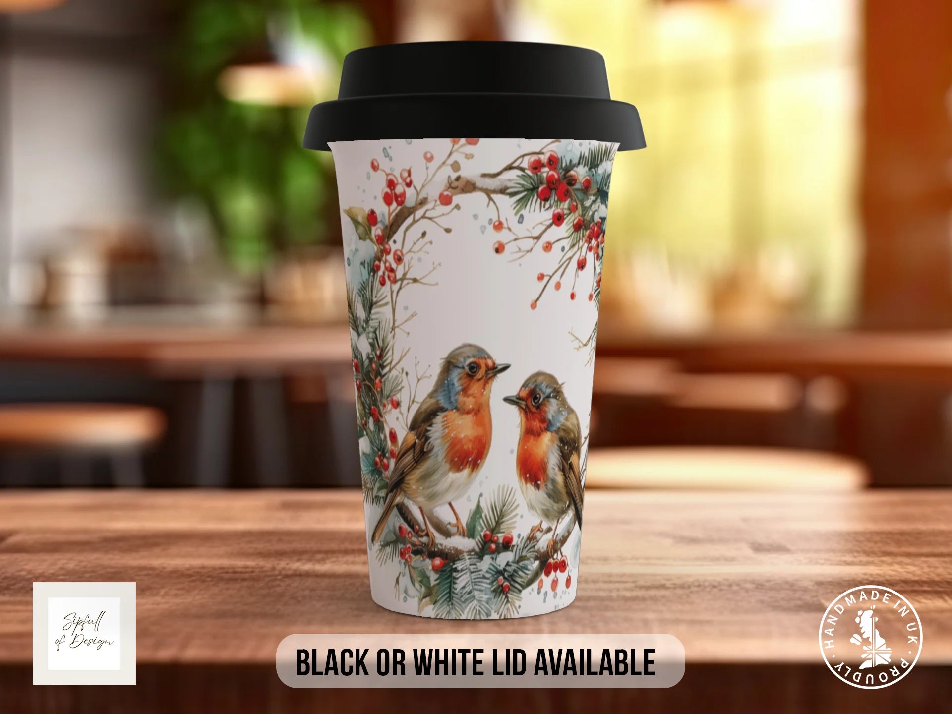 Christmas Robins Mug | Watercolour Garland Design Travel Mug