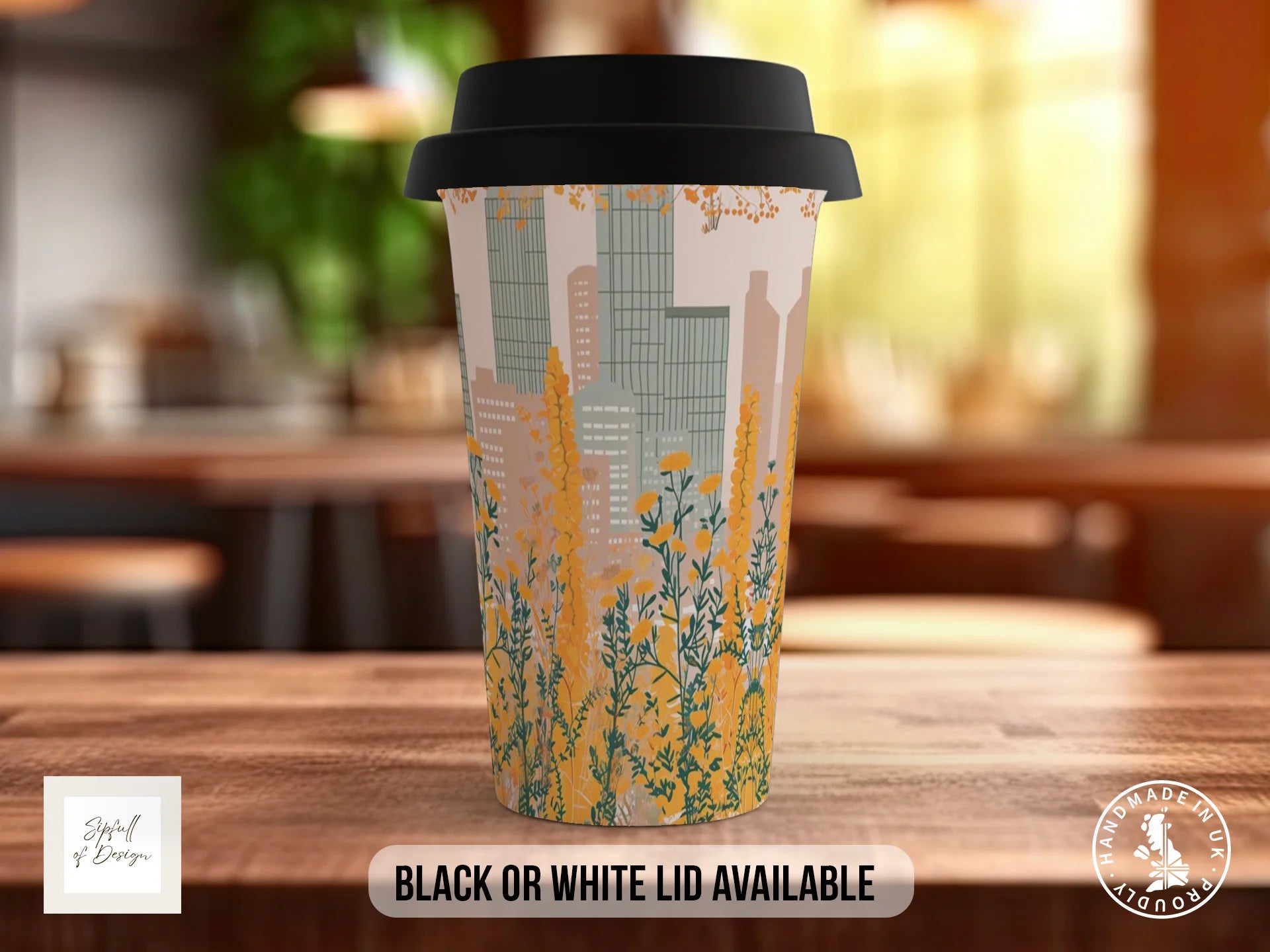 Cityscape Wildflower Full Wrap Mug – Design 12 | Golden Hour City | Floral Art Mug Travel Mug