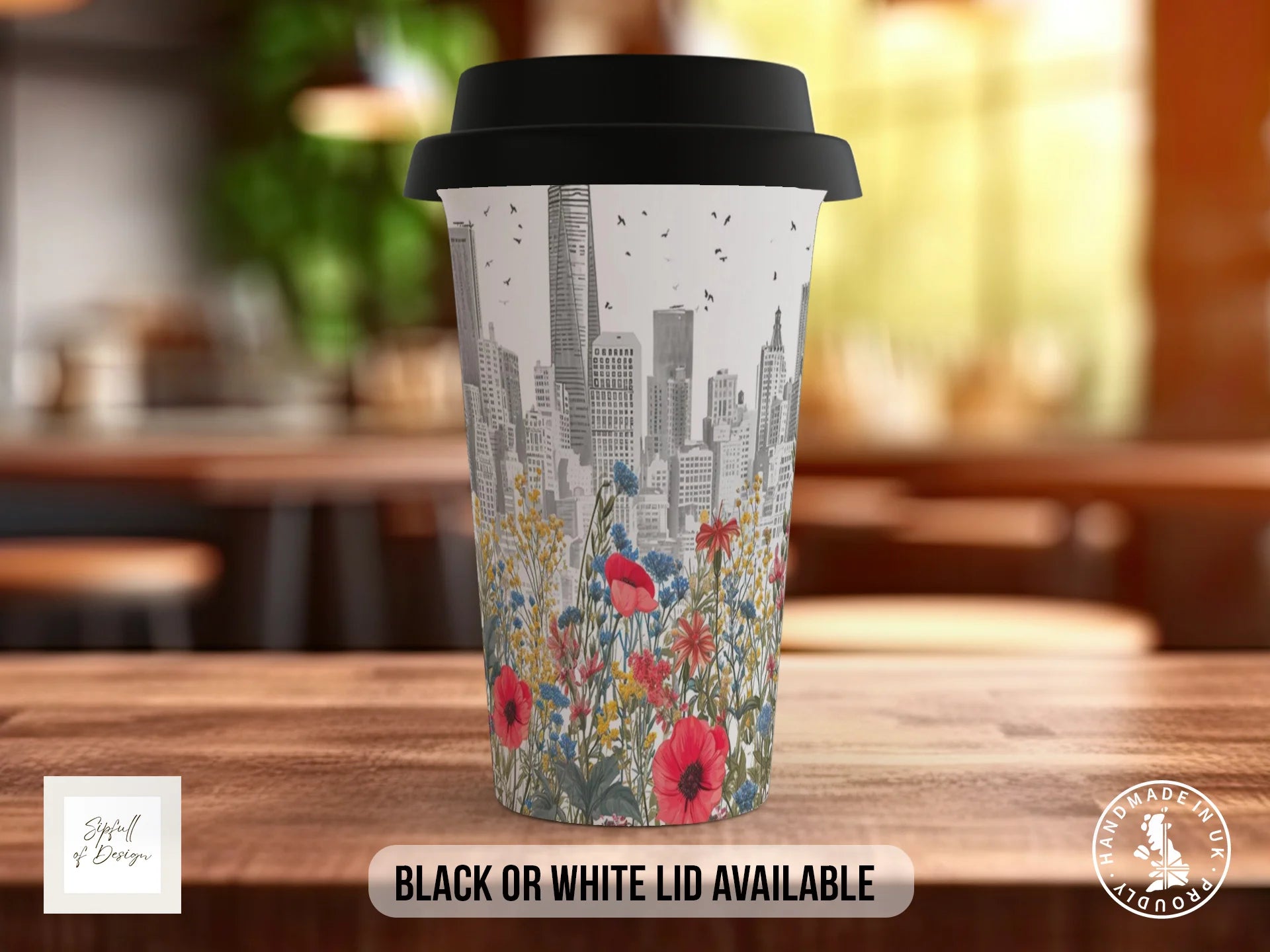 Cityscape Wildflower Full Wrap Mug – Design 2 | Pencil Skyline & Poppies | Floral Art Mug Travel Mug