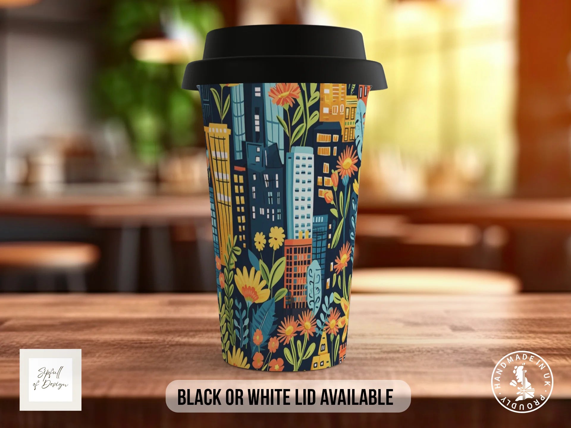 Cityscape Wildflower Full Wrap Mug – Design 3 | Midnight Jungle City | Floral Art Mug Travel Mug
