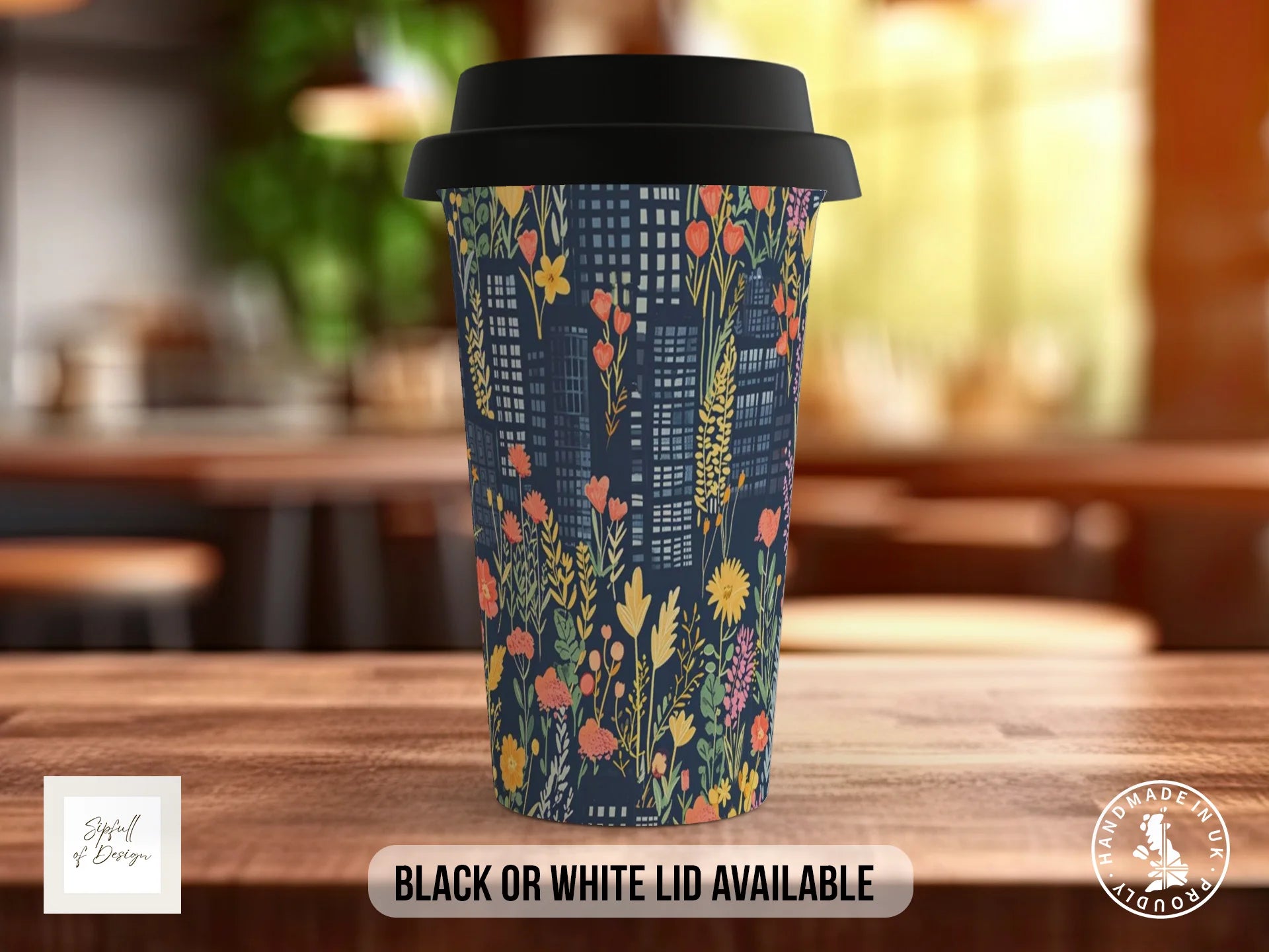 Cityscape Wildflower Full Wrap Mug – Design 10 | Midnight Wildflower City | Floral Art Mug Travel Mug