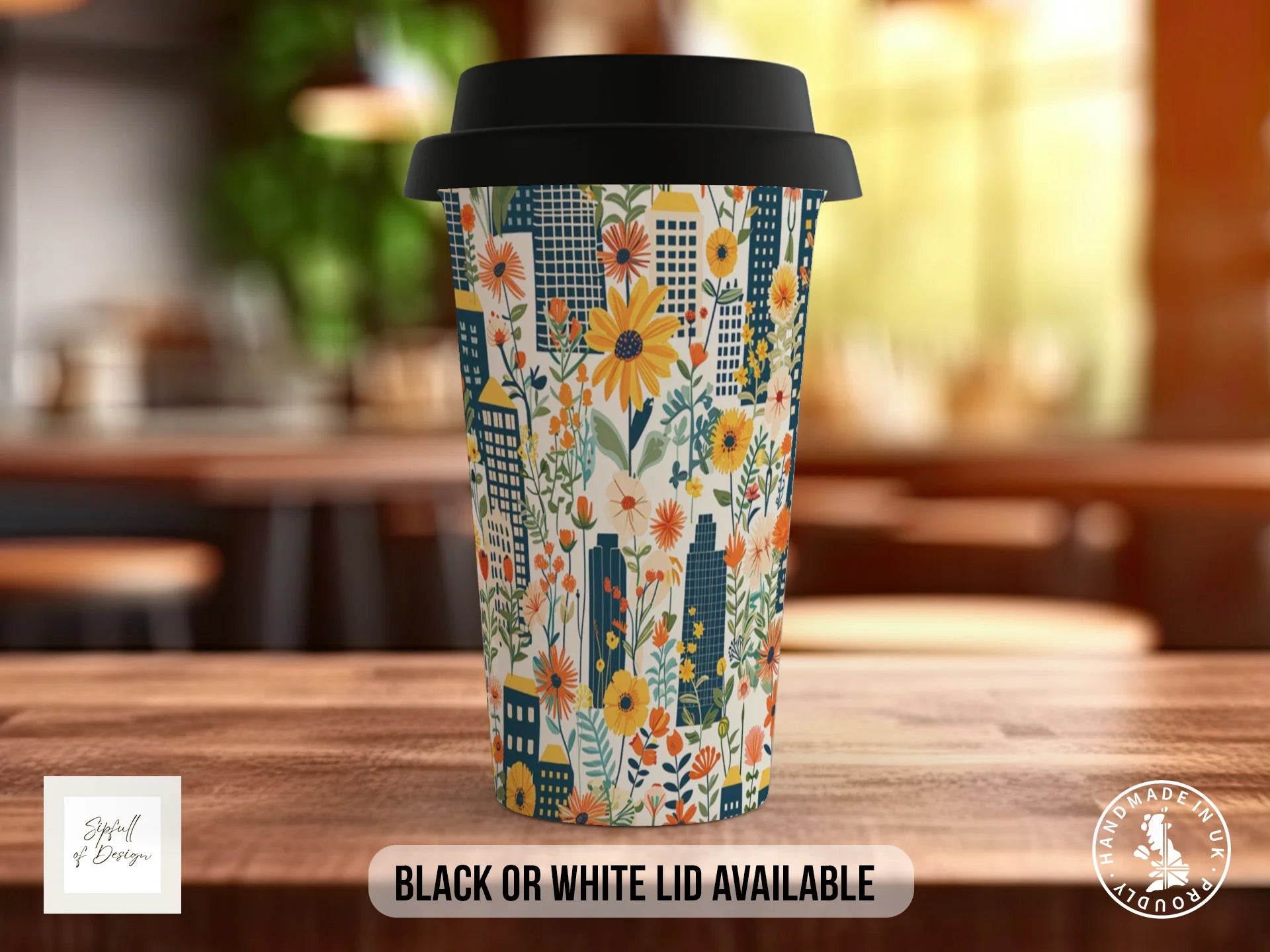 Cityscape Wildflower Full Wrap Mug – Design 9 | Late Summer City | Floral Art Mug Travel Mug