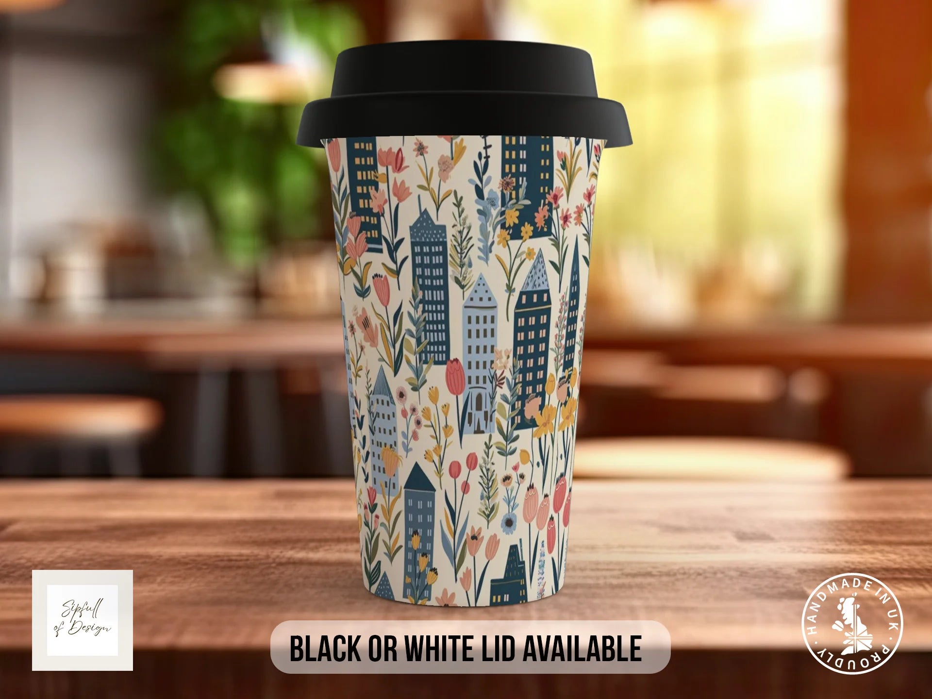 Cityscape Wildflower Full Wrap Mug – Design 13 | Scandinavian Folk Village | Floral Art Mug Travel Mug