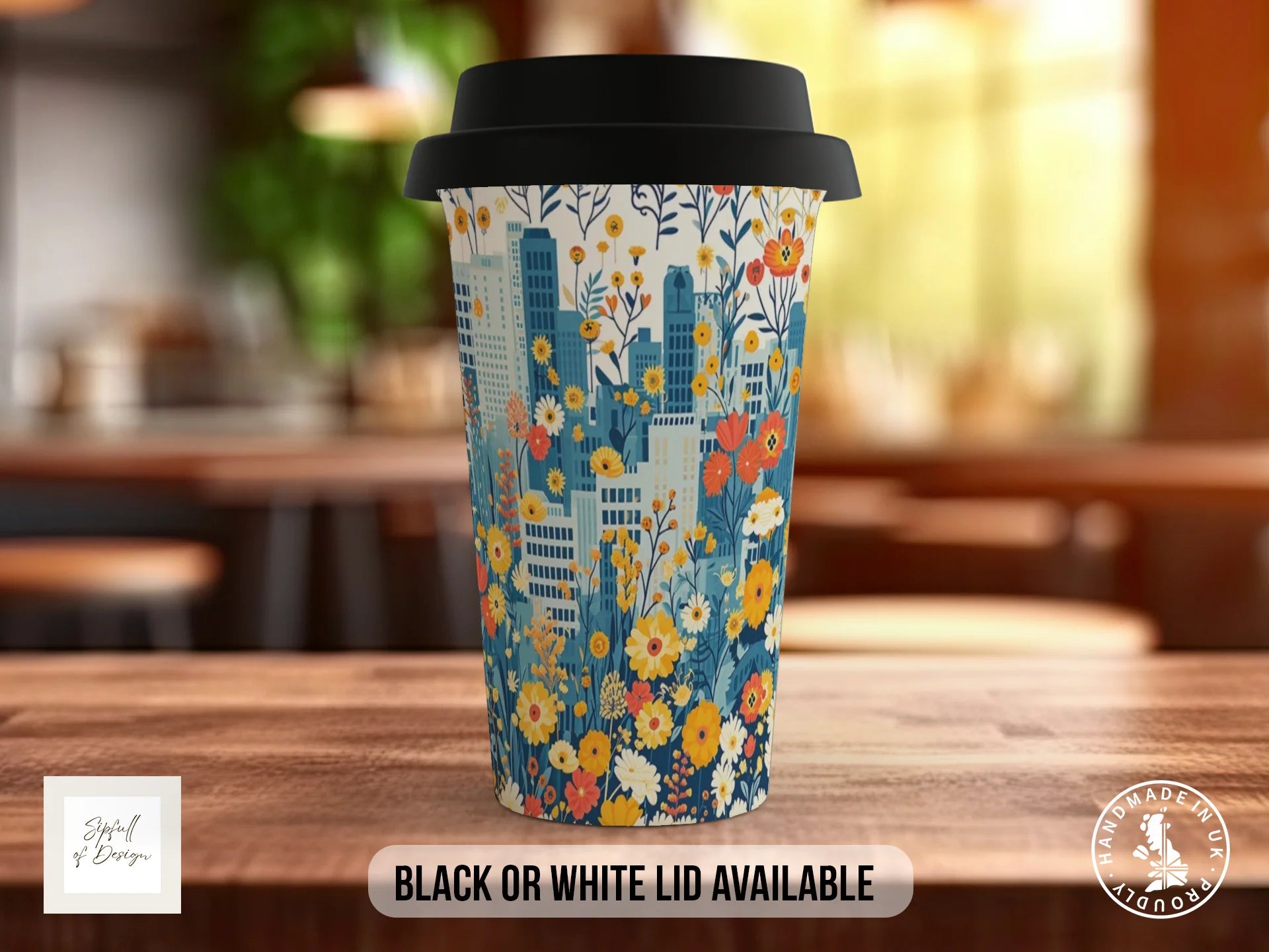 Cityscape Wildflower Full Wrap Mug – Design 14 | Teal City in Bloom | Floral Art Mug Travel Mug