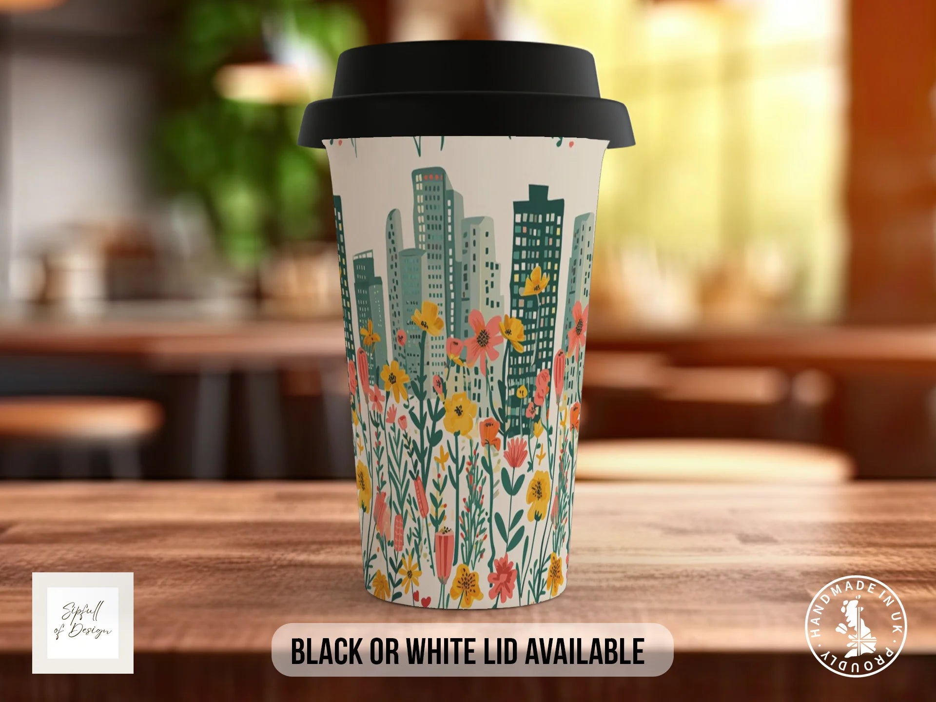 Cityscape Wildflower Full Wrap Mug – Design 15 | Classic Skyline & Spring Meadow | Floral Art Mug Travel Mug