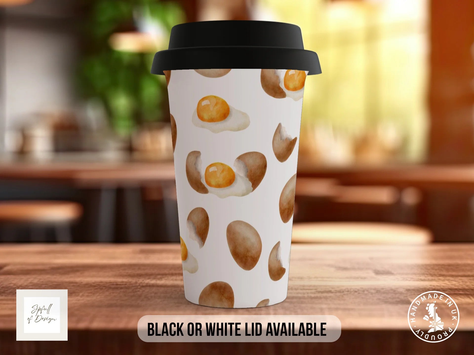 Cracked Egg Mug | Watercolour Eggs & Golden Yolk Full Wrap Design Travel Mug