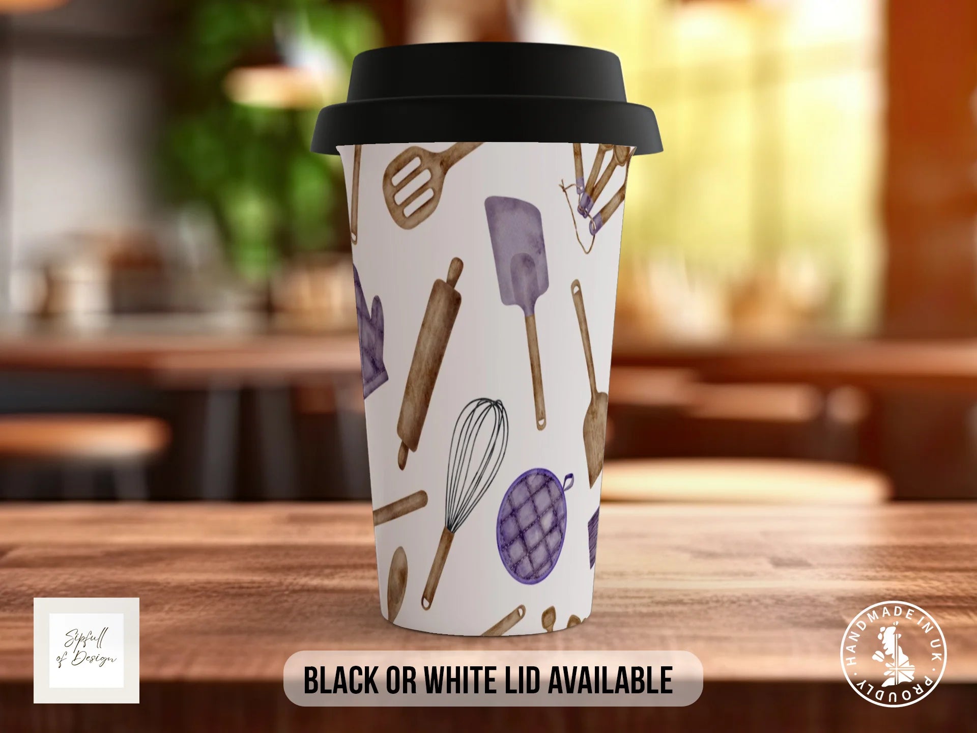 Wooden Baking Tools Mug | Watercolour Spatulas, Rolling Pin & Whisk Full Wrap Design Travel Mug