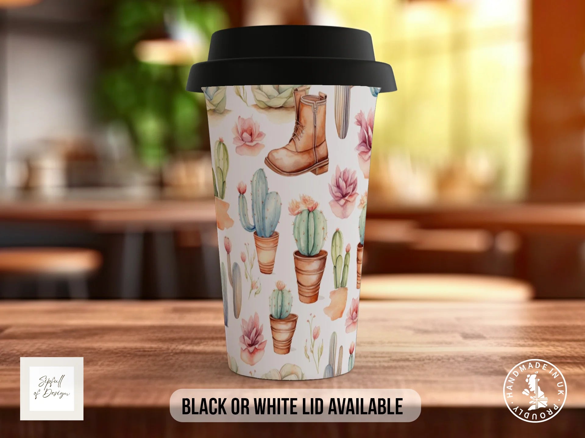 Floral Western Boho Full Wrap Mug – Design 11 | Ranch Boot & Potted Cactus Garden | Art Mug Travel Mug