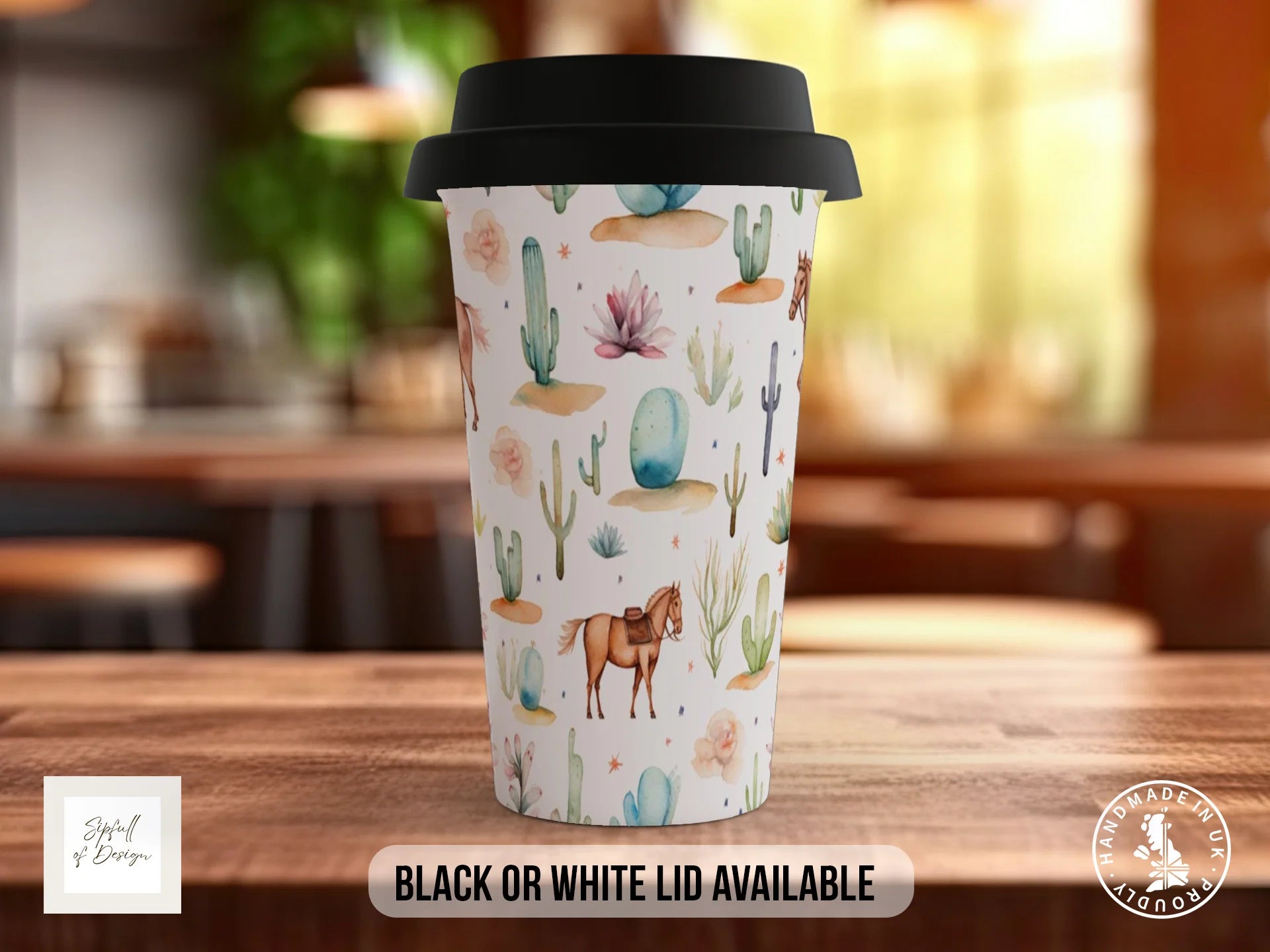 Floral Western Boho Full Wrap Mug – Design 12 | Chestnut Horses & Desert Cacti | Art Mug Travel Mug