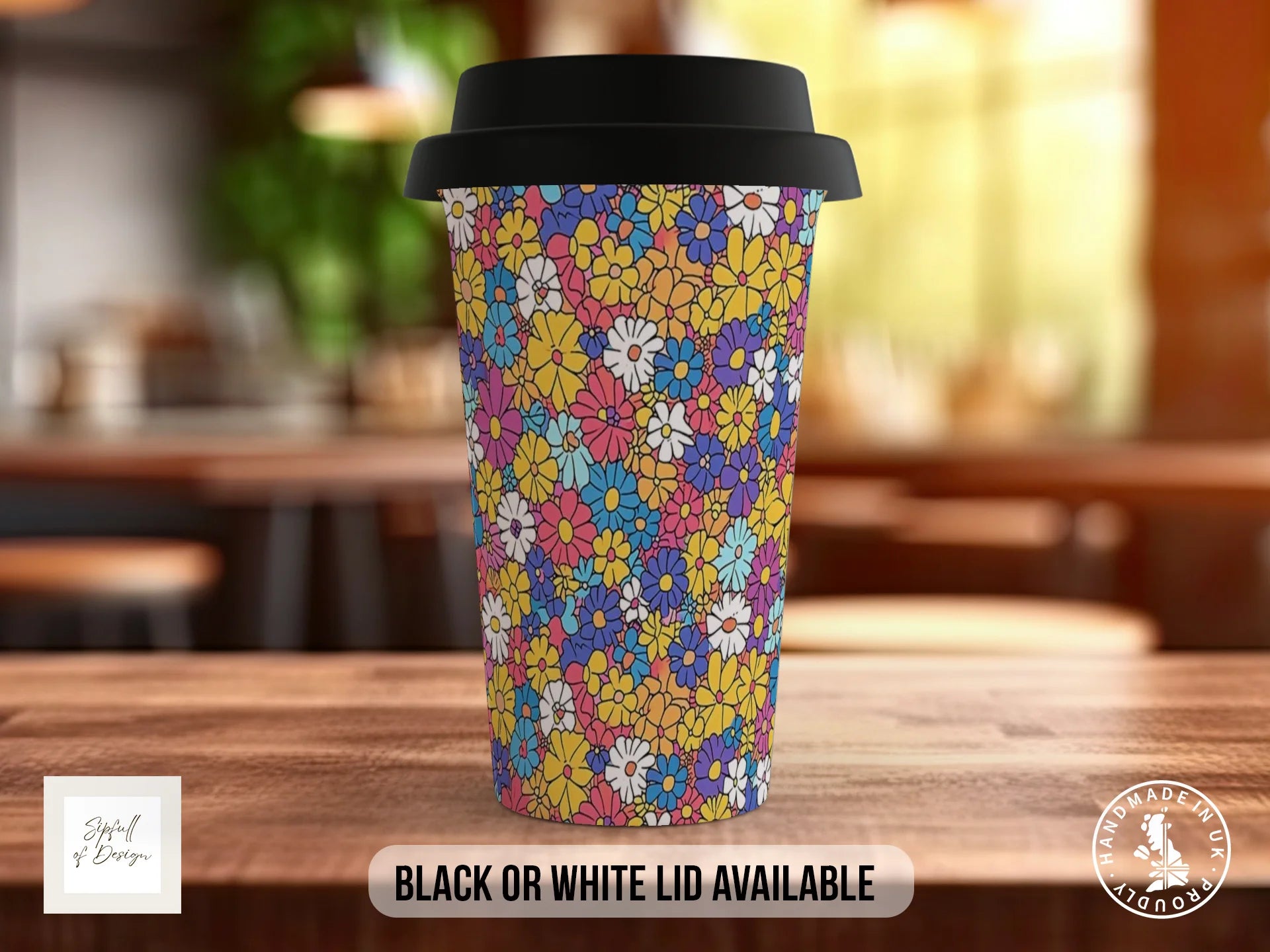 Groovy Flowers Full Wrap Mug – Design 3 | Ditsy Vintage Daisy | Retro Art Mug Travel Mug