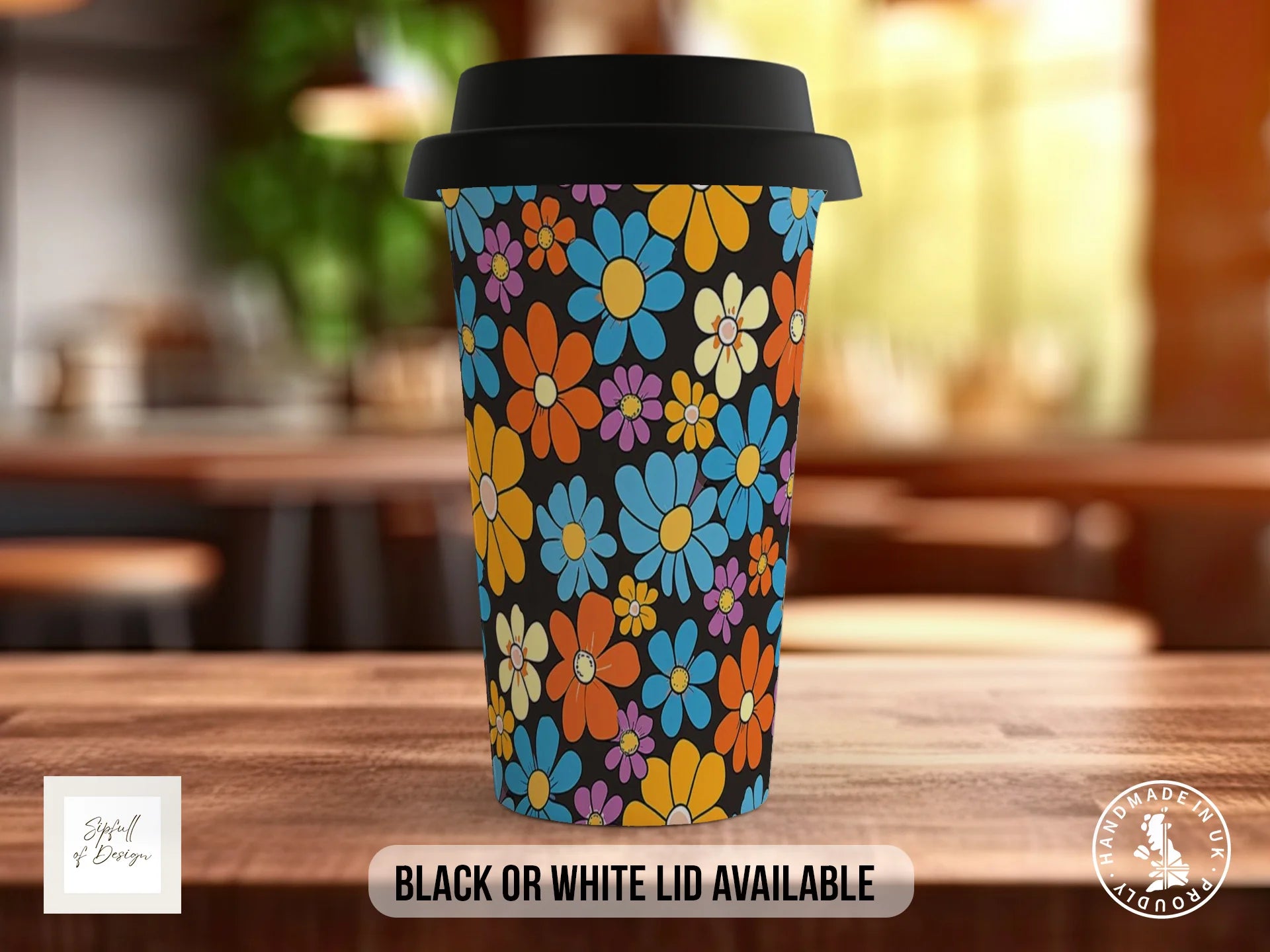 Groovy Flowers Full Wrap Mug – Design 11 | Black Retro Poster Daisy | Retro Art Mug Travel Mug
