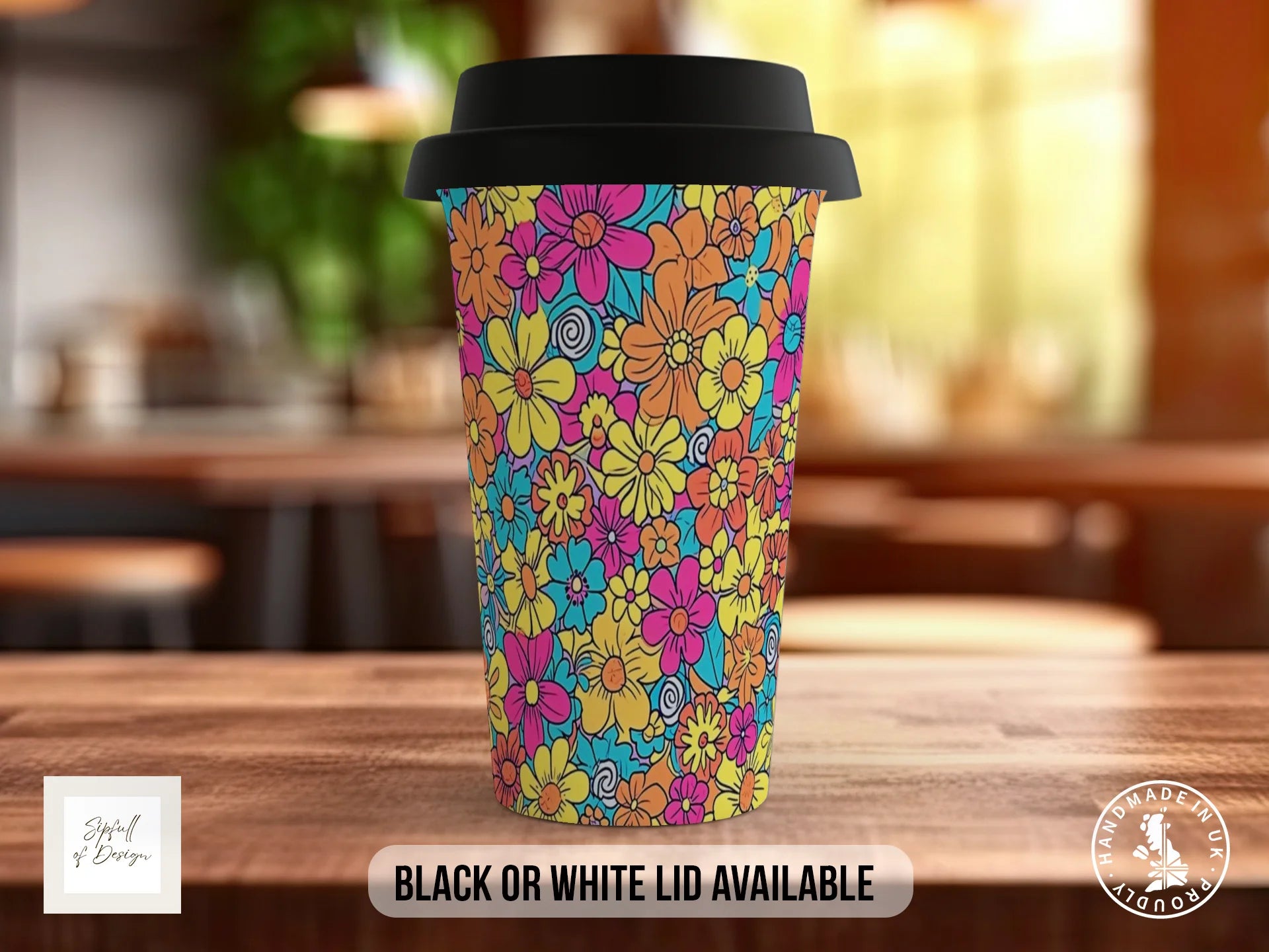Groovy Flowers Full Wrap Mug – Design 10 | Neon Electric Daisy | Retro Art Mug Travel Mug