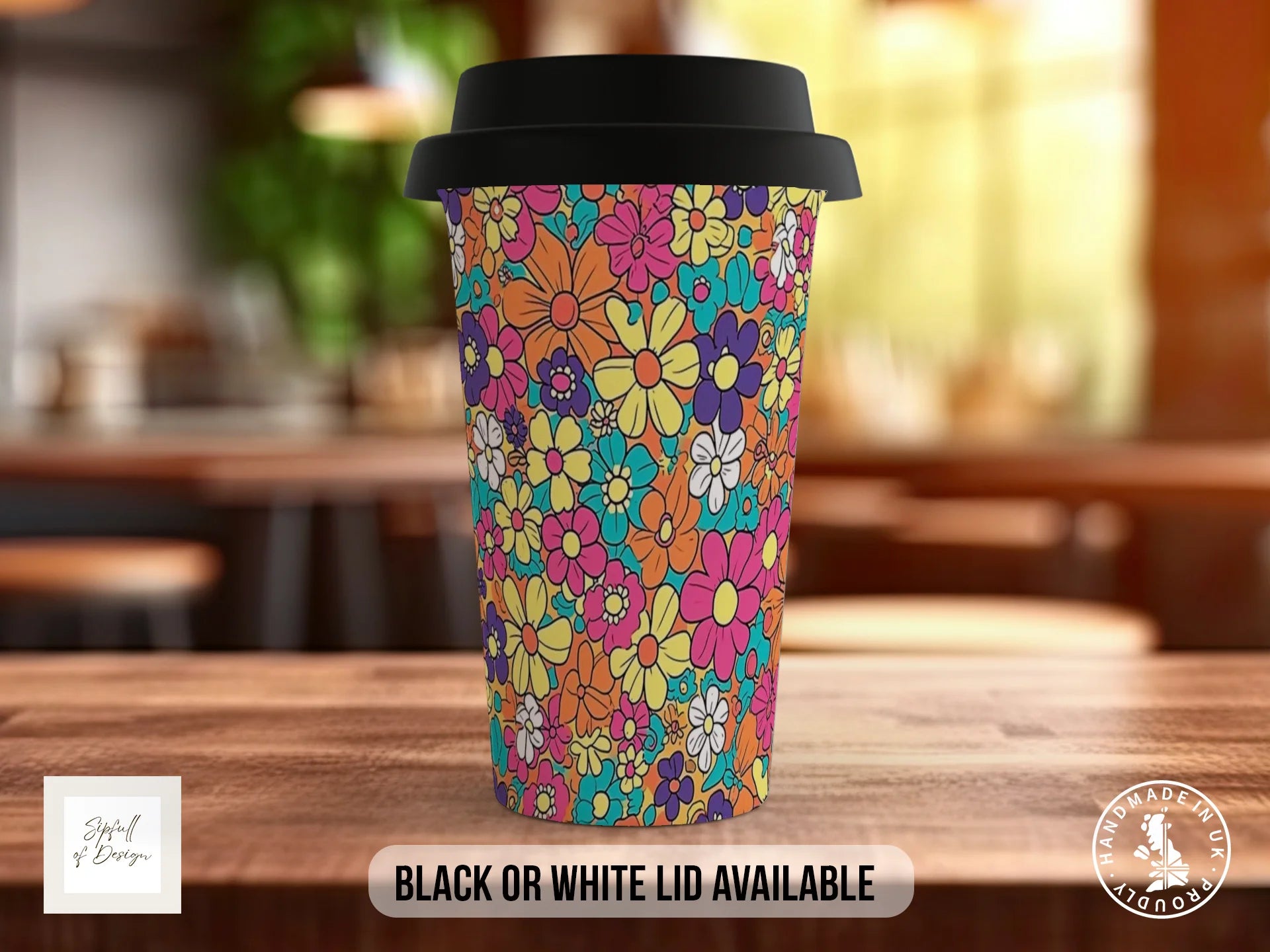Groovy Flowers Full Wrap Mug – Design 8 | Hot Pink Festival Flowers | Retro Art Mug Travel Mug