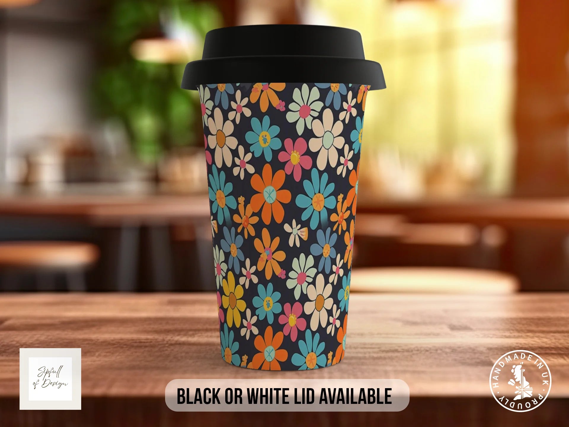 Groovy Flowers Full Wrap Mug – Design 7 | Dark Charcoal Retro Daisy | Retro Art Mug Travel Mug