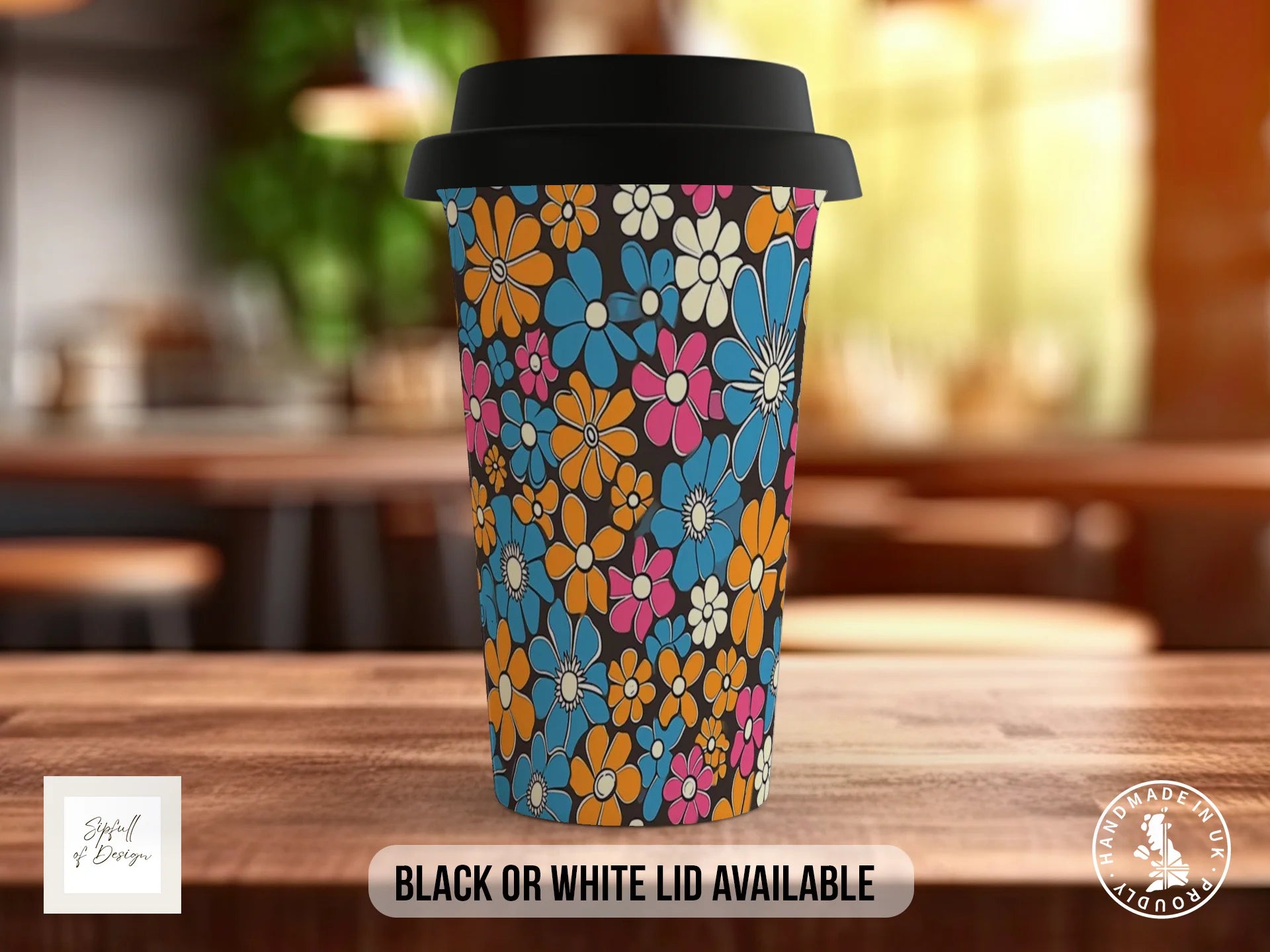 Groovy Flowers Full Wrap Mug – Design 2 | Teal Orange Pink Trio | Retro Art Mug Travel Mug