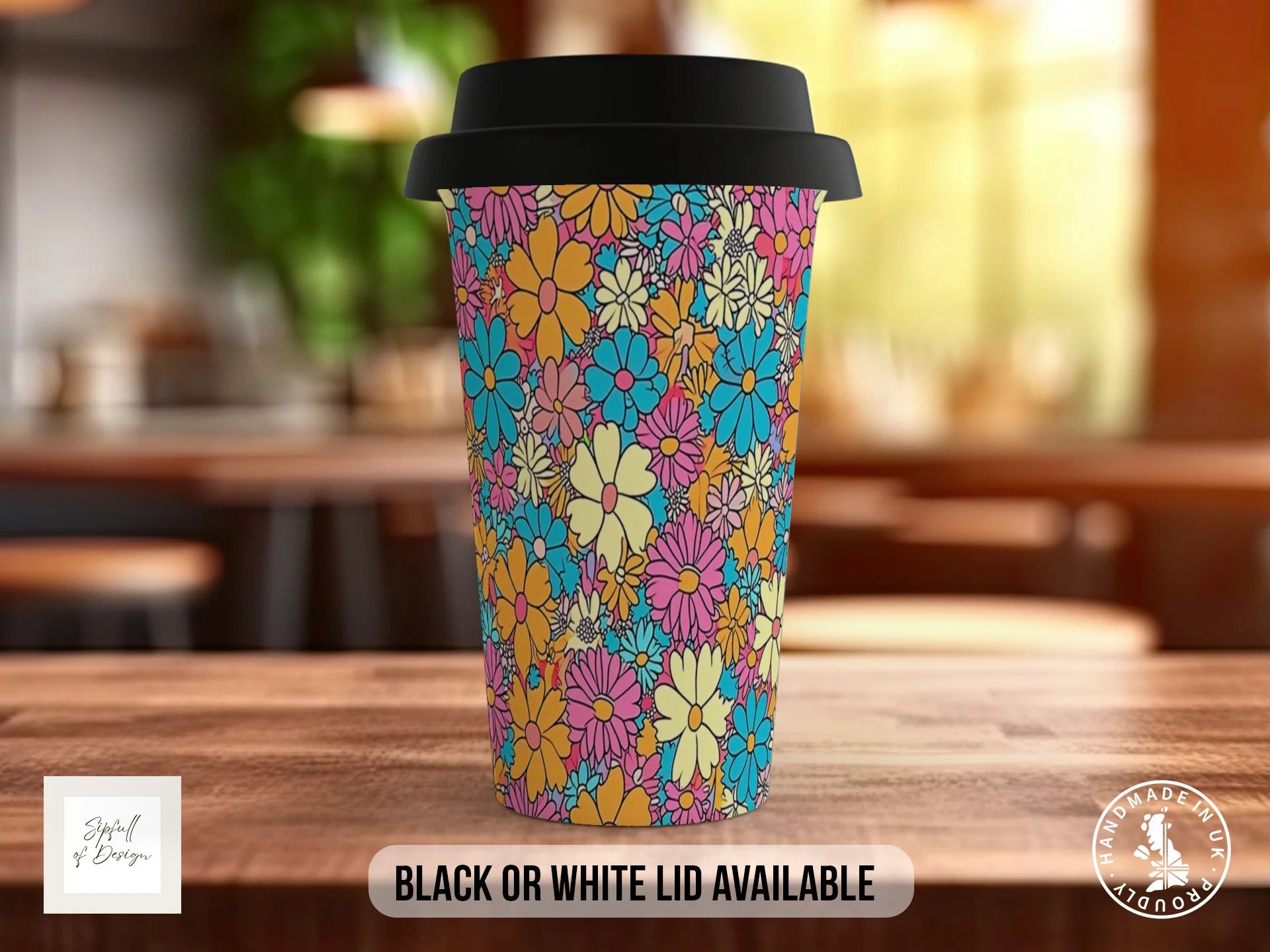 Groovy Flowers Full Wrap Mug – Design 6 | Golden Summer Daisy | Retro Art Mug Travel Mug