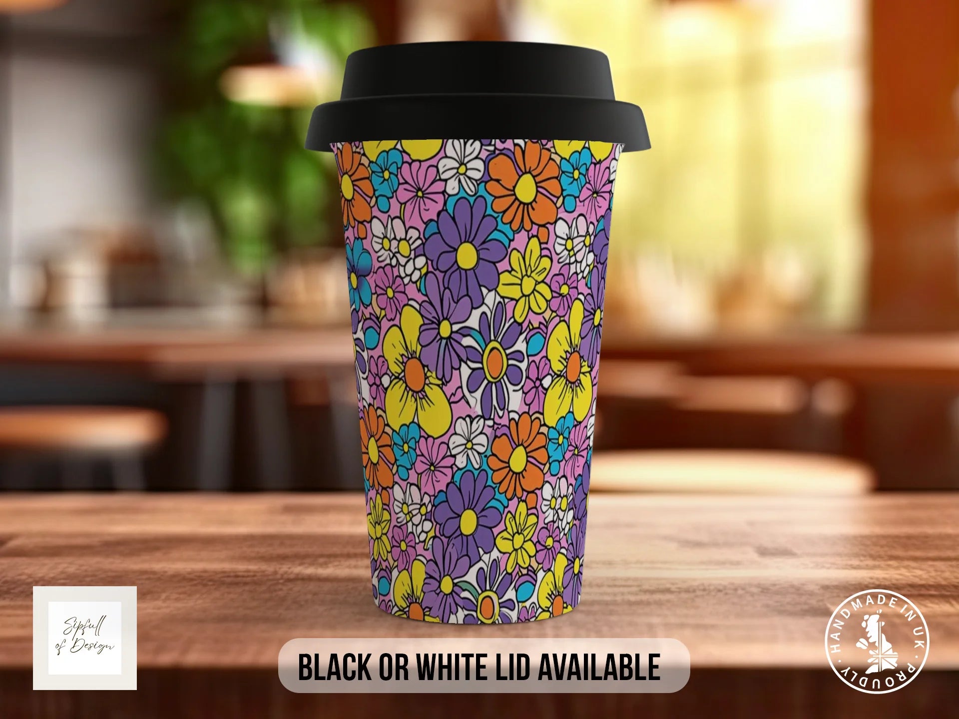 Groovy Flowers Full Wrap Mug – Design 1 | Purple Meadow Daisy | Retro Art Mug Travel Mug