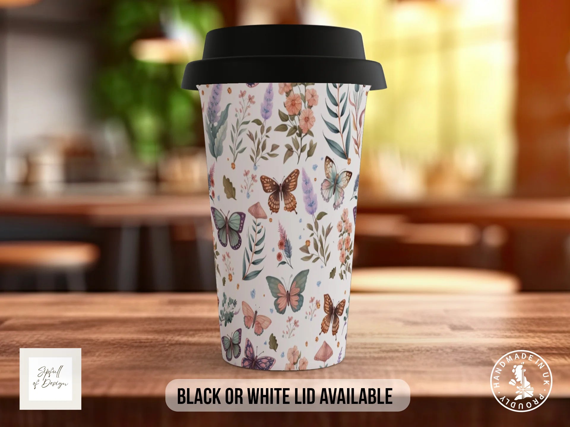 Watercolour Butterfly Full Wrap Mug – Design 2 | Botanical Garden Butterflies & Foliage on Warm White | Art Mug Travel Mug