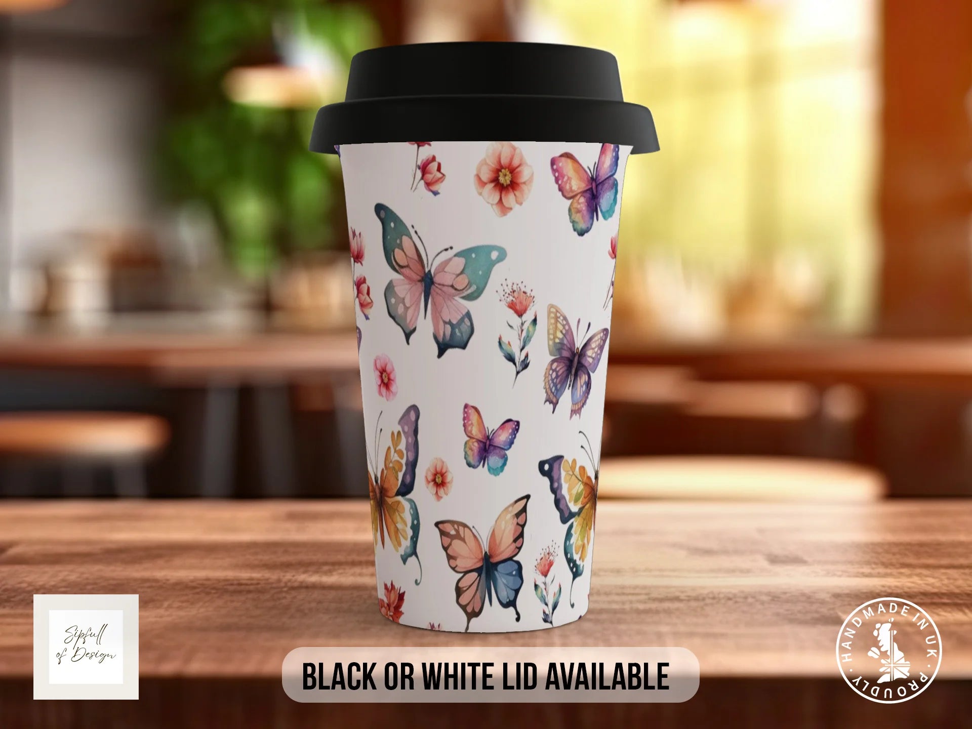 Watercolour Butterfly Full Wrap Mug – Design 5 | Spacious Teal & Amber Butterflies on White | Art Mug Travel Mug