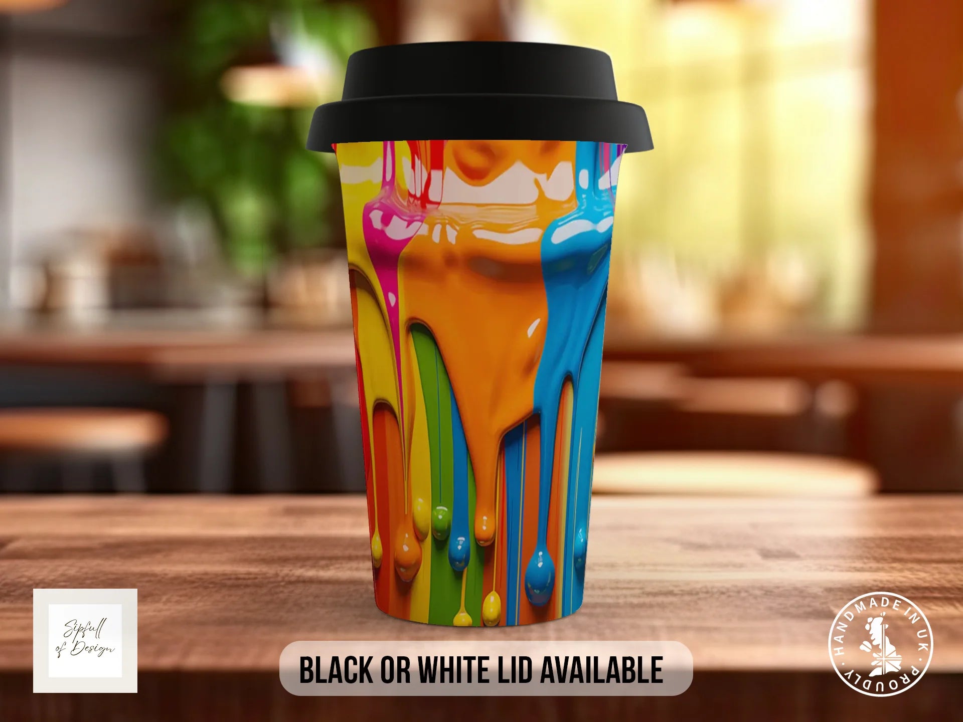 Bold Paint Pour Mug | Full Wrap Abstract Art Design in Orange, Yellow & Blue Travel Mug