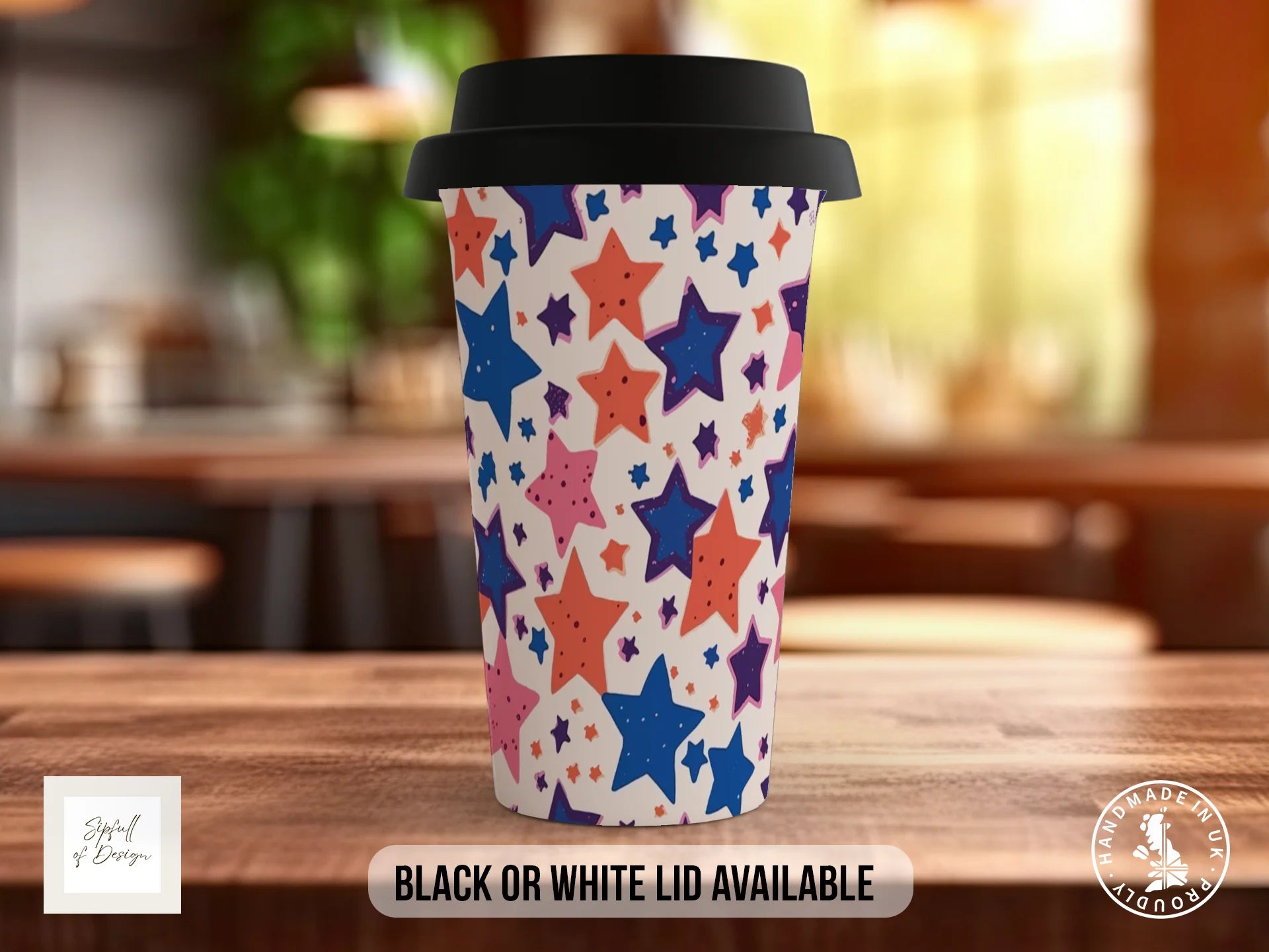 Stars Full Wrap Mug – Design 11 | Chunky Overlapping Stars in Blue, Coral & Pink | Art Mug Travel Mug