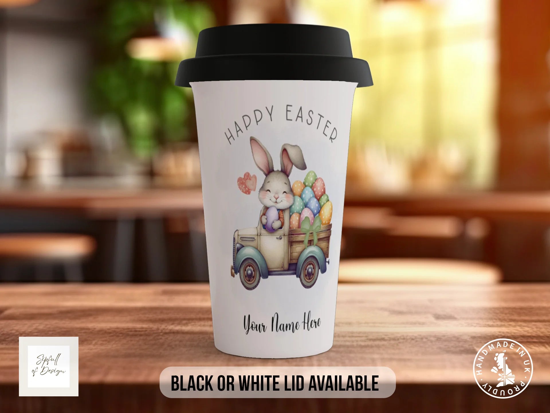 Personalised Easter Bunny in Truck Mug | Happy Easter Watercolour Gift Travel Mug