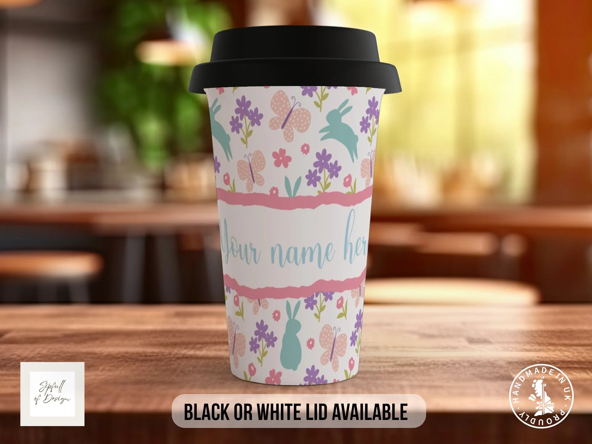 Personalised Easter Mug | Teal Bunny & Spring Flower Pattern | Name Gift Travel Mug