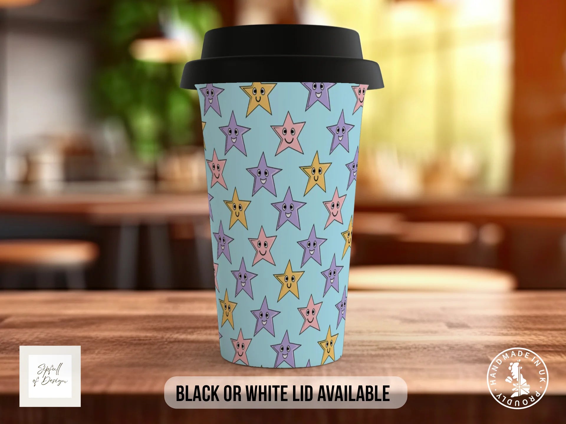 Stars Full Wrap Mug – Design 3 | Pastel Cartoon Smiley Stars on Sky Blue | Art Mug Travel Mug