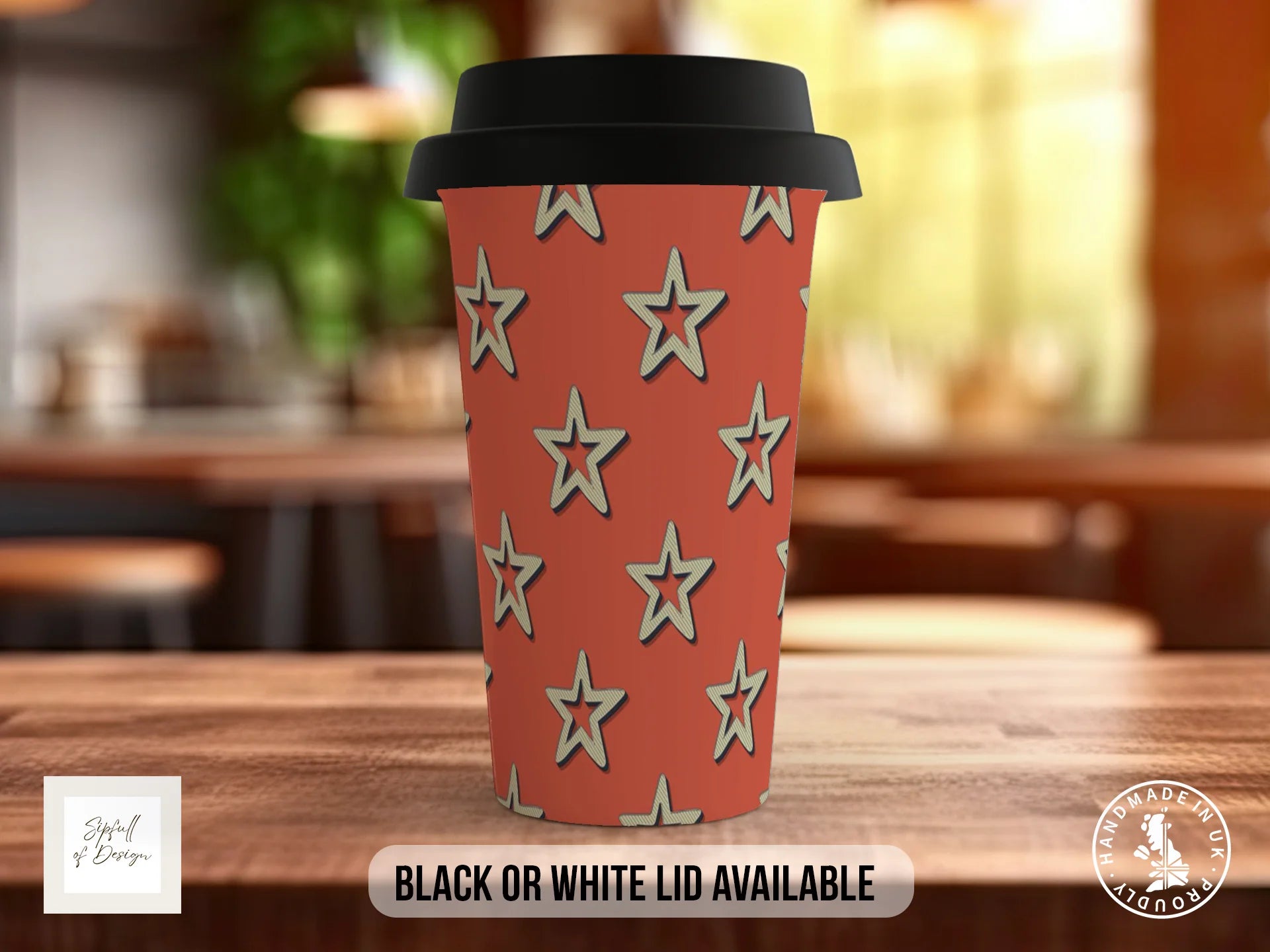 Stars Full Wrap Mug – Design 8 | Khaki Gold Stars on Burnt Terracotta | Art Mug Travel Mug
