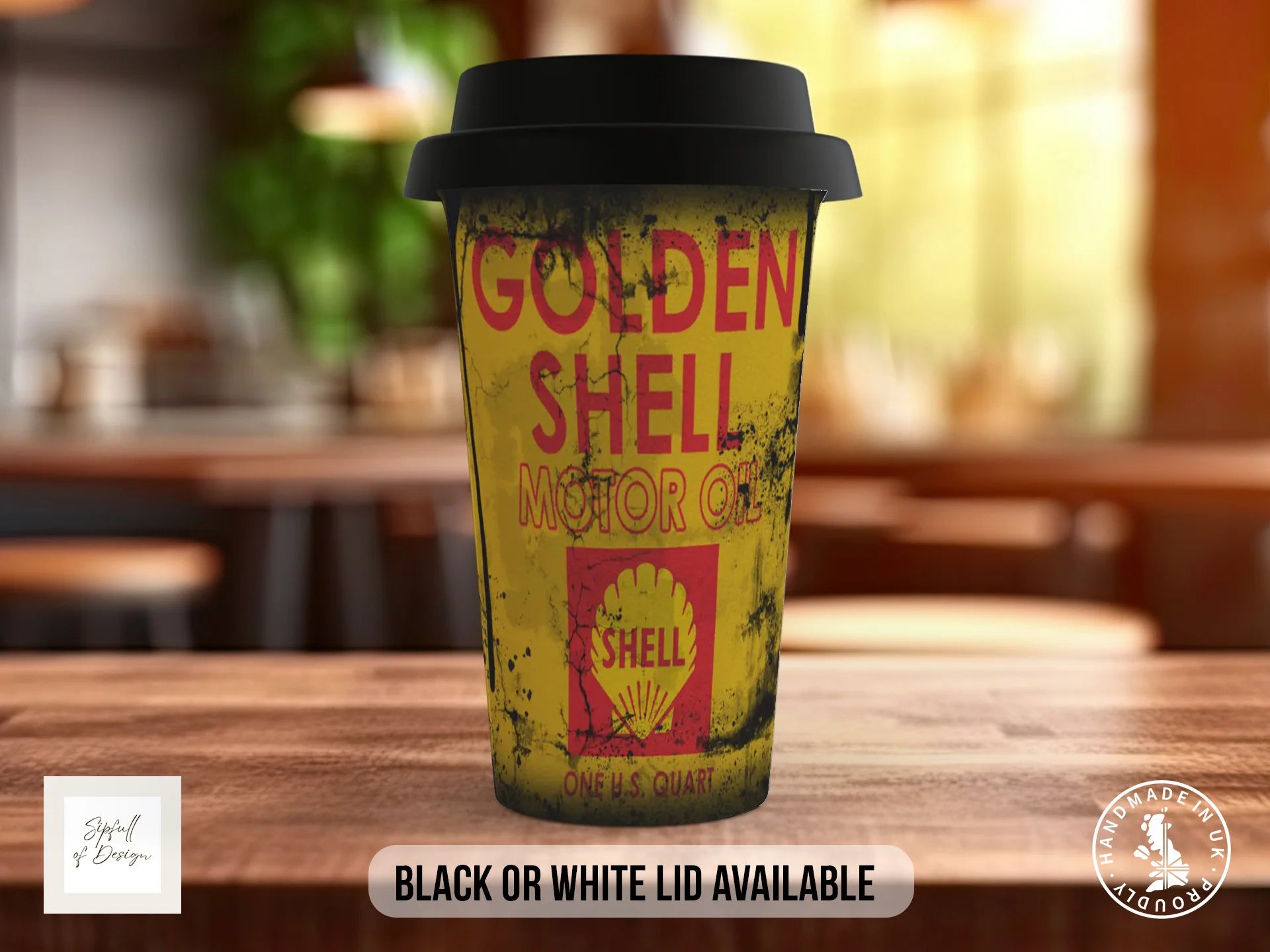 Golden Shell Motor Oil Mug | Vintage Retro Garage Gift Travel Mug