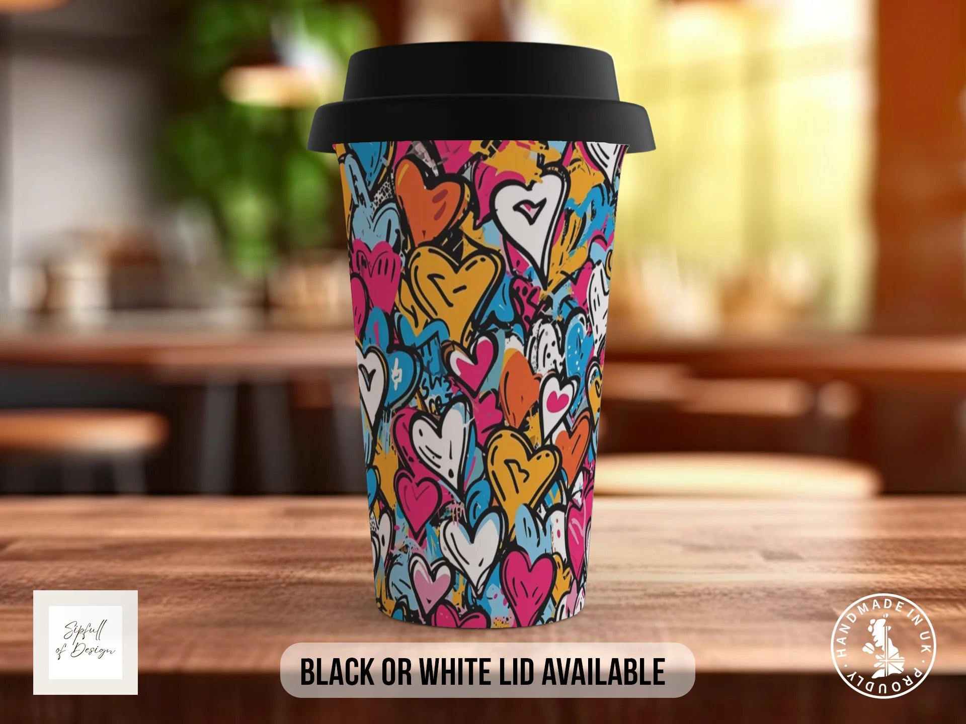 Graffiti Hearts Full Wrap Mug – Design 5 | Golden Eclectic Hearts | Bold Art Mug Travel Mug