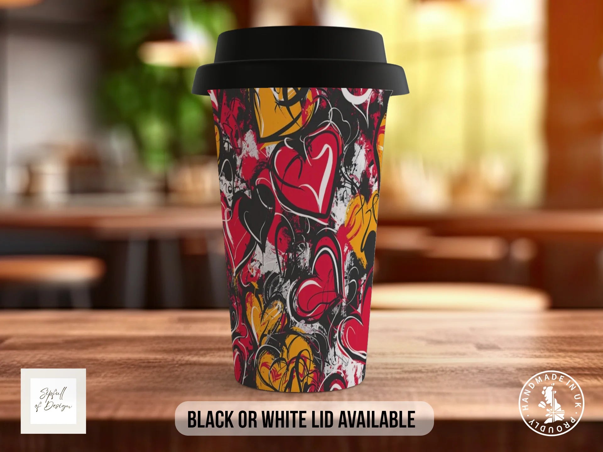 Graffiti Hearts Full Wrap Mug – Design 2 | Red & Gold Protest Hearts | Bold Art Mug Travel Mug