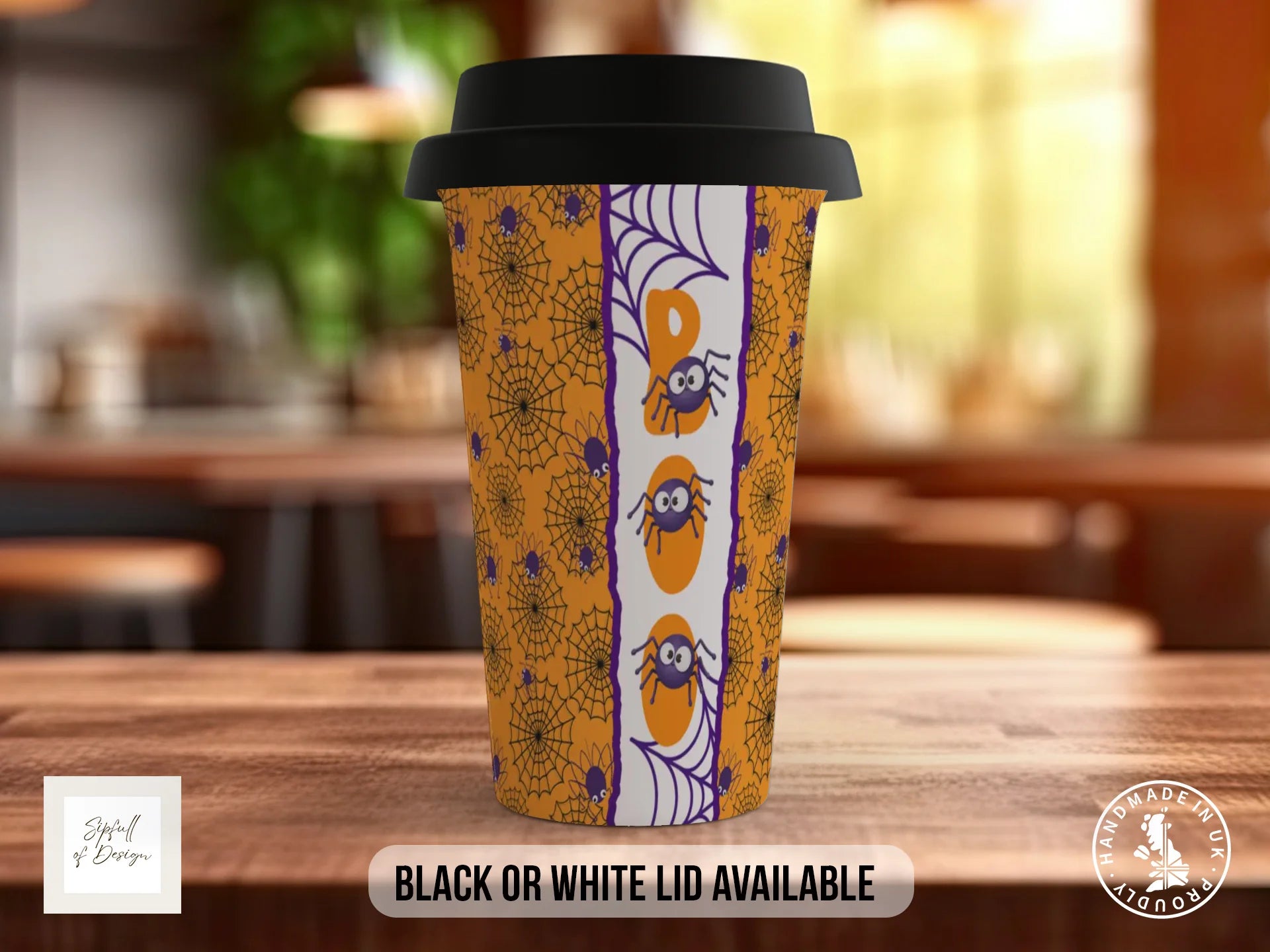 Halloween Spider Web Mug | Orange & Purple Spooky Spiders Travel Mug