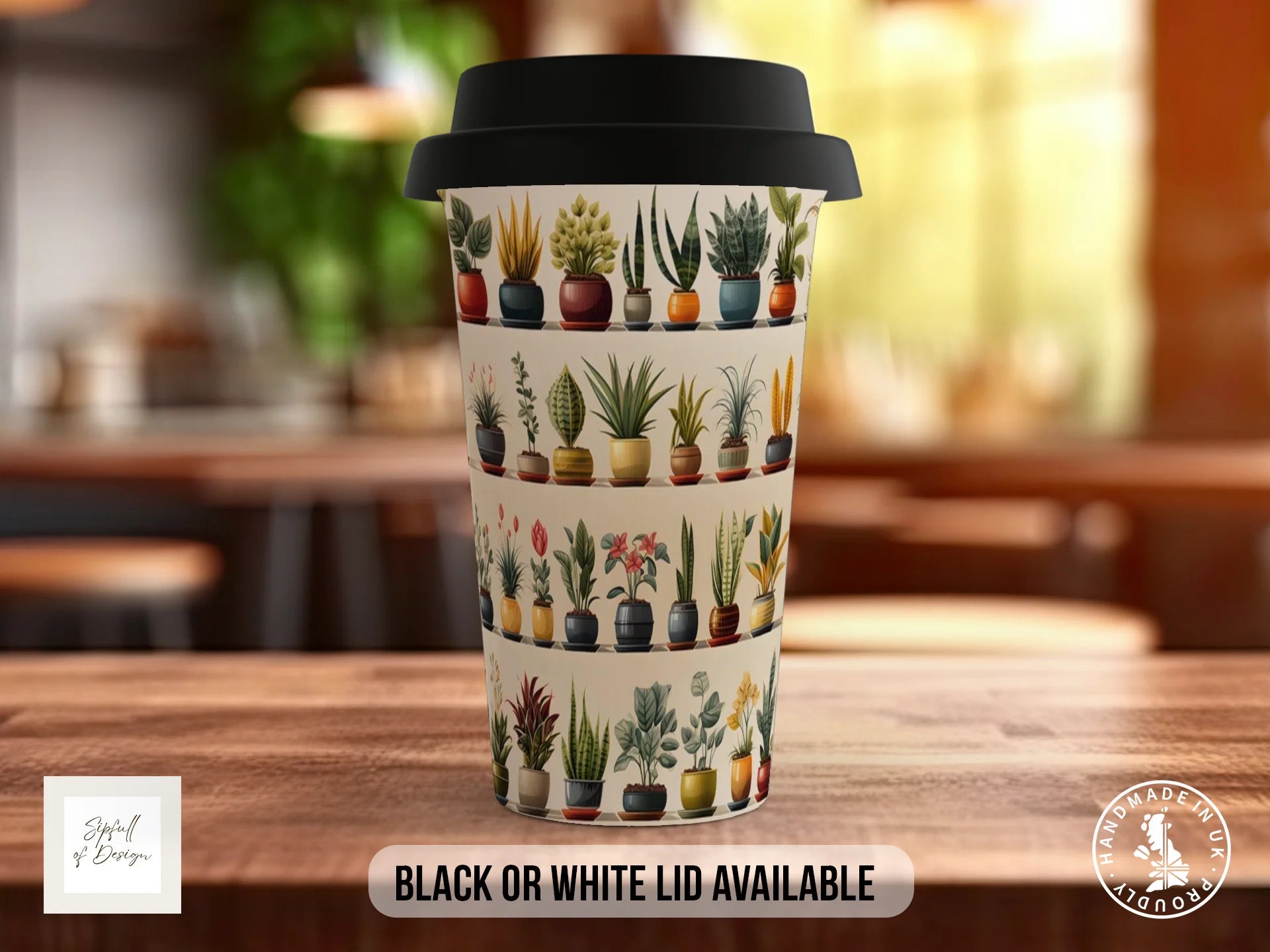 House Plants Full Wrap Mug – Design 15 | Four-Band Encyclopaedic Plant Collection on Cream | Art Mug Travel Mug