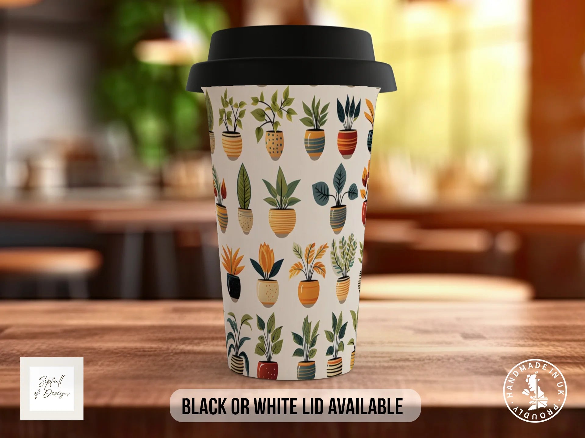 House Plants Full Wrap Mug – Design 5 | Scandi Flat-Illustration Plants on White | Art Mug Travel Mug