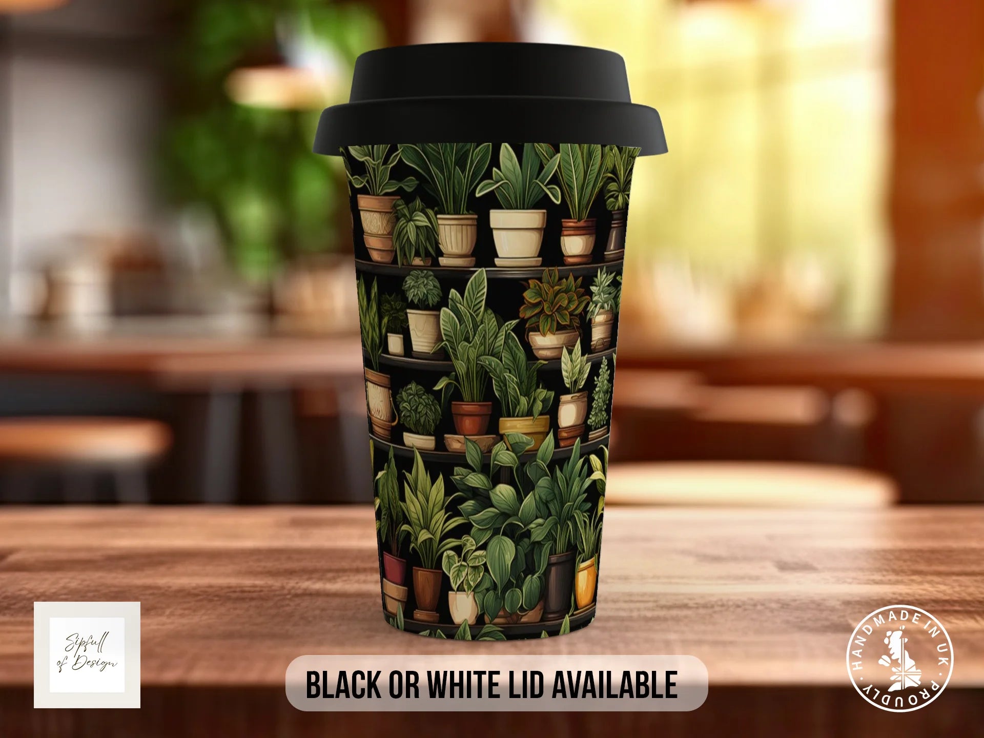 House Plants Full Wrap Mug – Design 13 | Victorian Botanical Shelves on Black | Art Mug Travel Mug