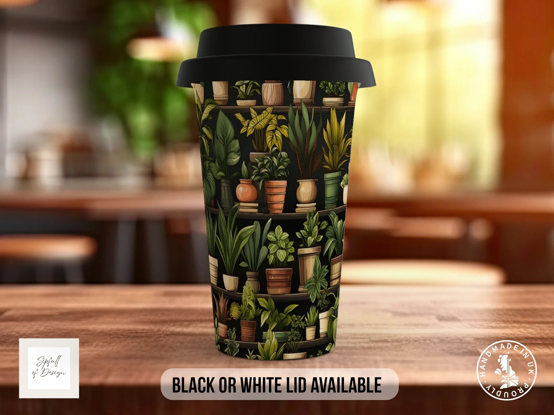 House Plants Full Wrap Mug – Design 11 | Rustic Potting Shed Shelves on Dark Green | Art Mug Travel Mug