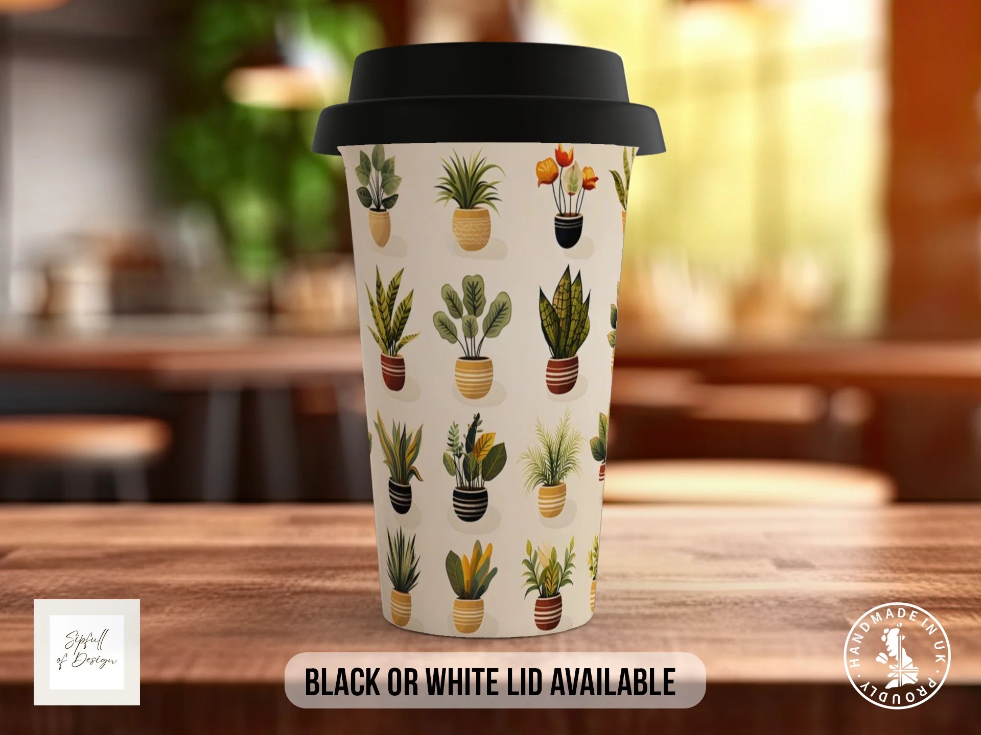 House Plants Full Wrap Mug – Design 9 | Earthy Terracotta & Black Pots on White | Art Mug Travel Mug