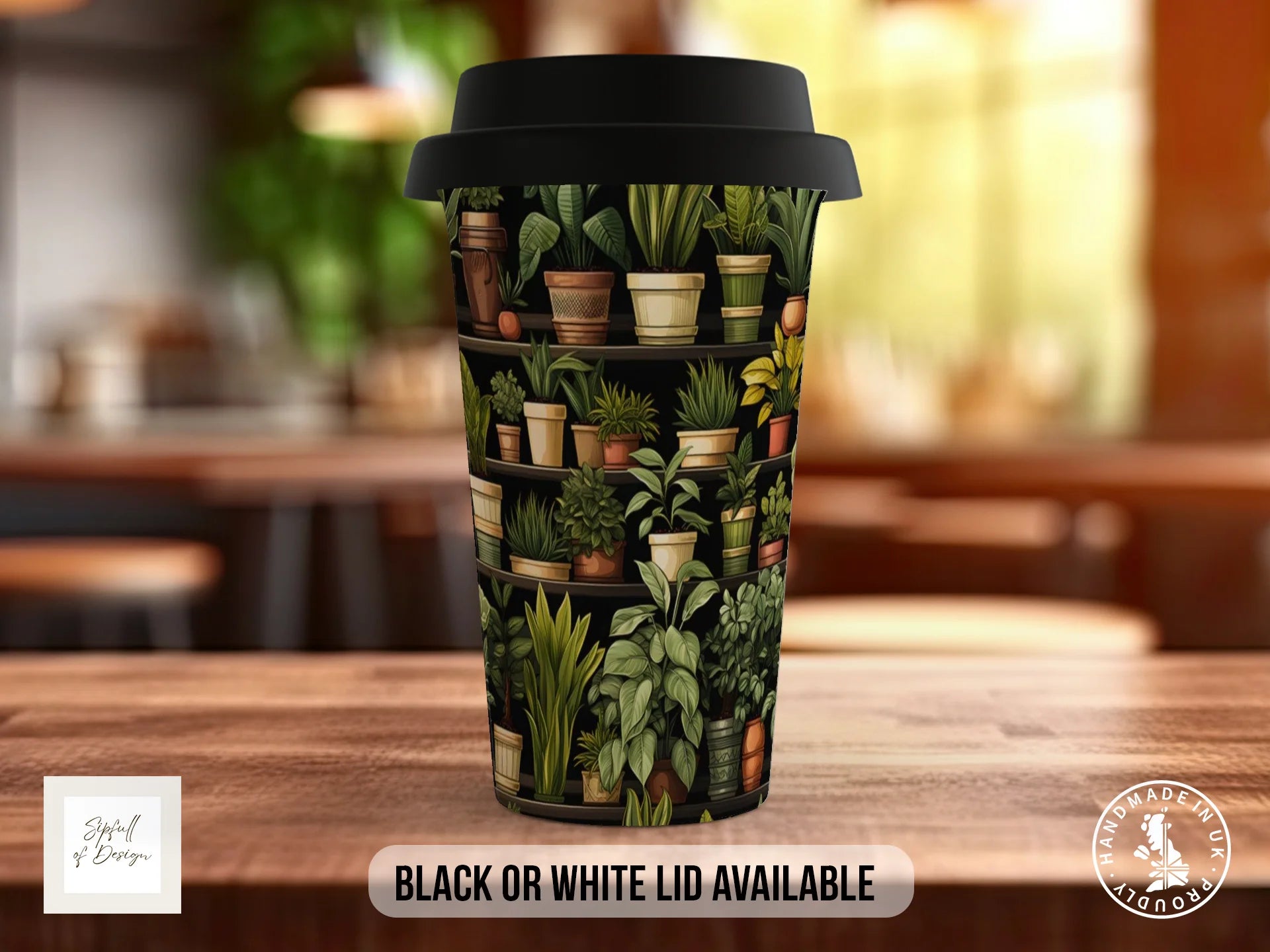 House Plants Full Wrap Mug – Design 7 | Moody Greenhouse Shelves on Black | Art Mug Travel Mug